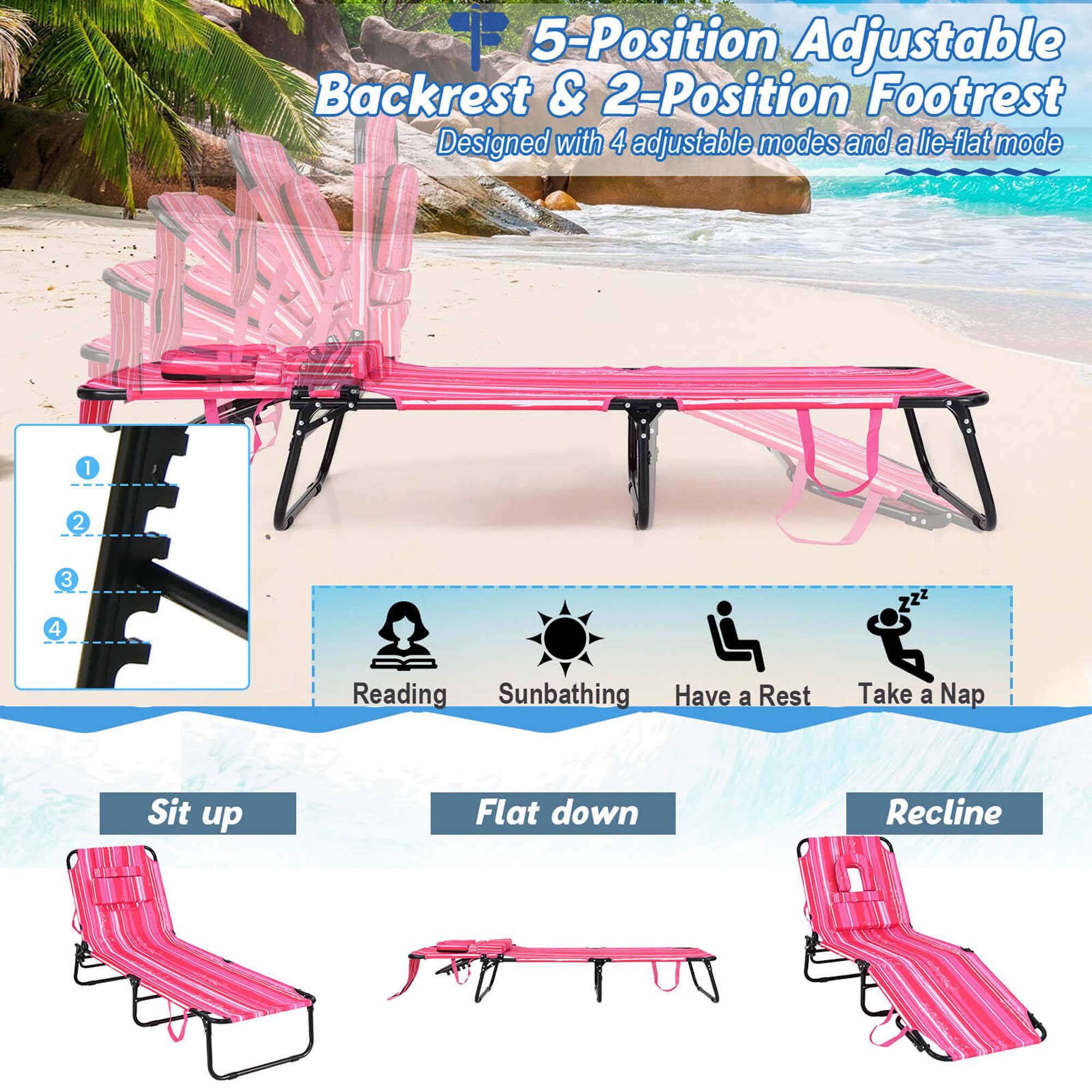 5-Position Adjustable Backrest & 2-Position Footrest
Designed with 4 adjustable modes and a lie-flat mode
1 2 3 4
Reading Sunbathing Have a Rest Take a Nap
Sit up Flat down Recline