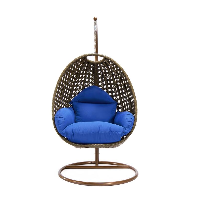 Left. LeisureMod - LeisureMod Beige Wicker Hanging Egg Chair with Iron Stand & Cushion - All-Weather Single Outdoor Patio Swing - Blue.