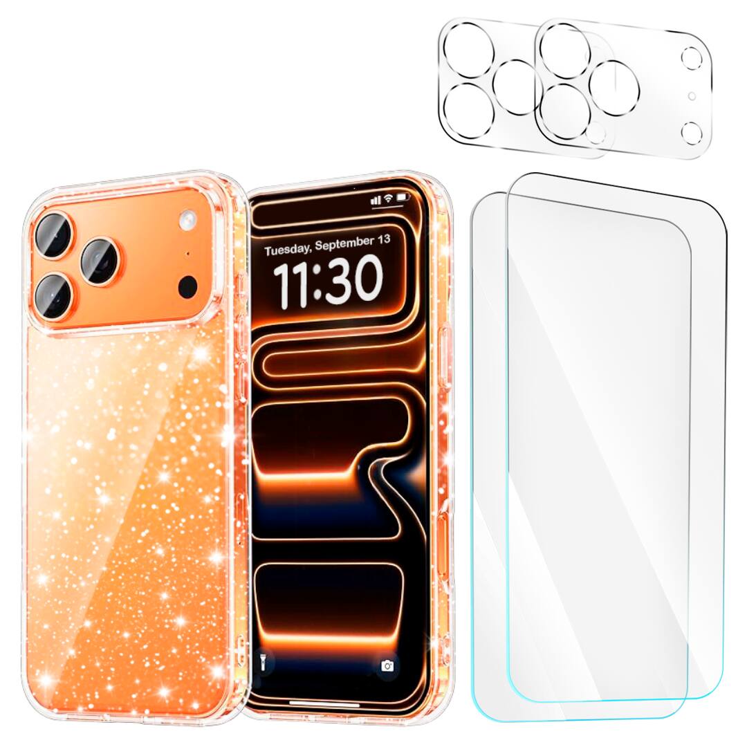 Entronix - 5-in-1 Bundle for iPhone 17 Pro – Glitter Case with 2 Screen & 2 Camera Protectors - Clear