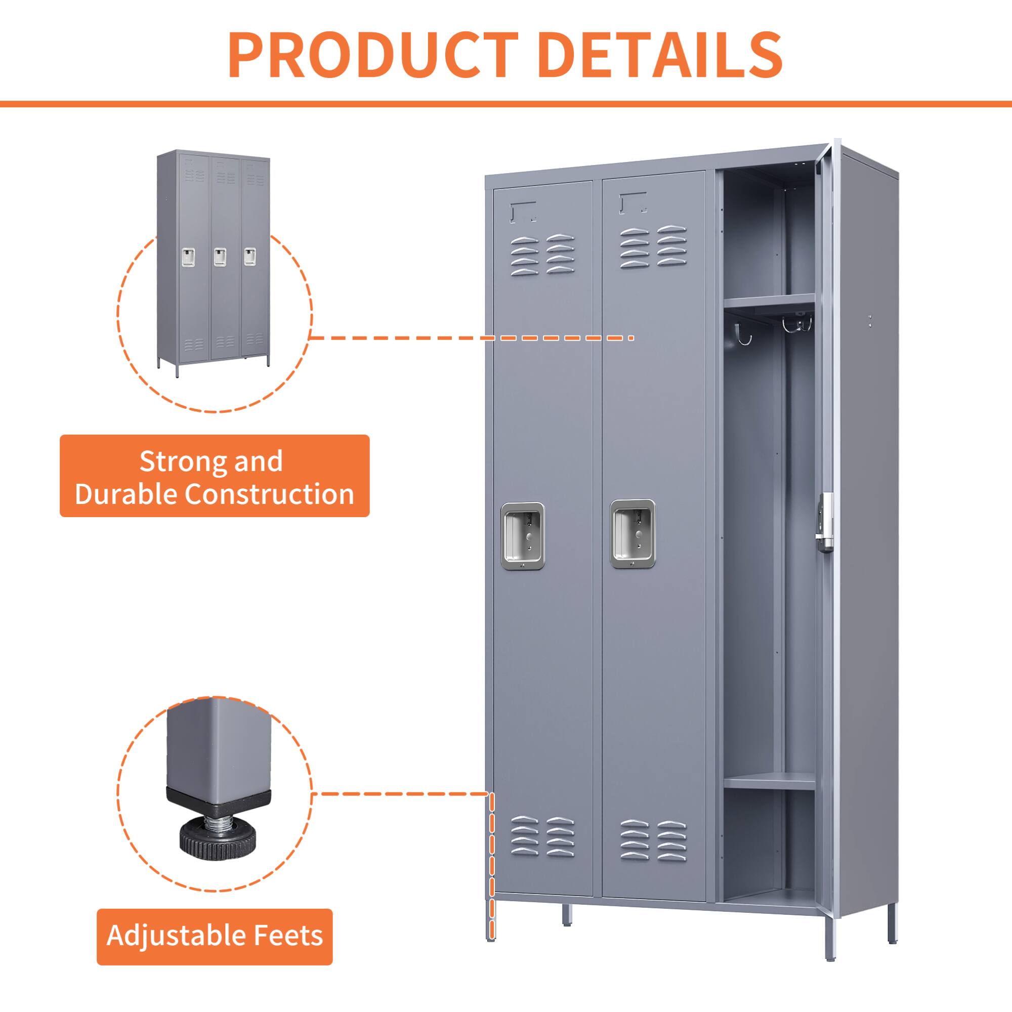 Alt View 2. GOODSILO - Three-Door Steel Storage Locker Cabinet for Secure Organization in Home Gym Office or Garage - Gray.