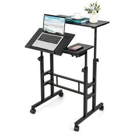 Pefilos - Mobile Stand up Computer Desk with 2 Tilting Desktops- Office Furniture, Portable Desk for Home & Office - Black