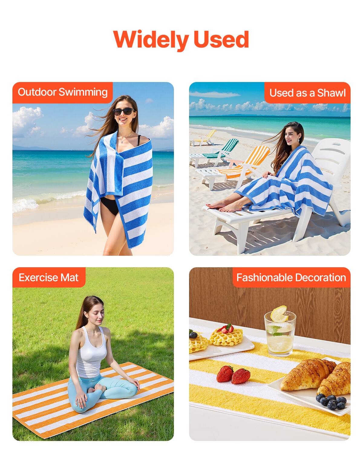 Widely Used

- Outdoor Swimming
- Used as a Shawl
- Exercise Mat
- Fashionable Decoration
