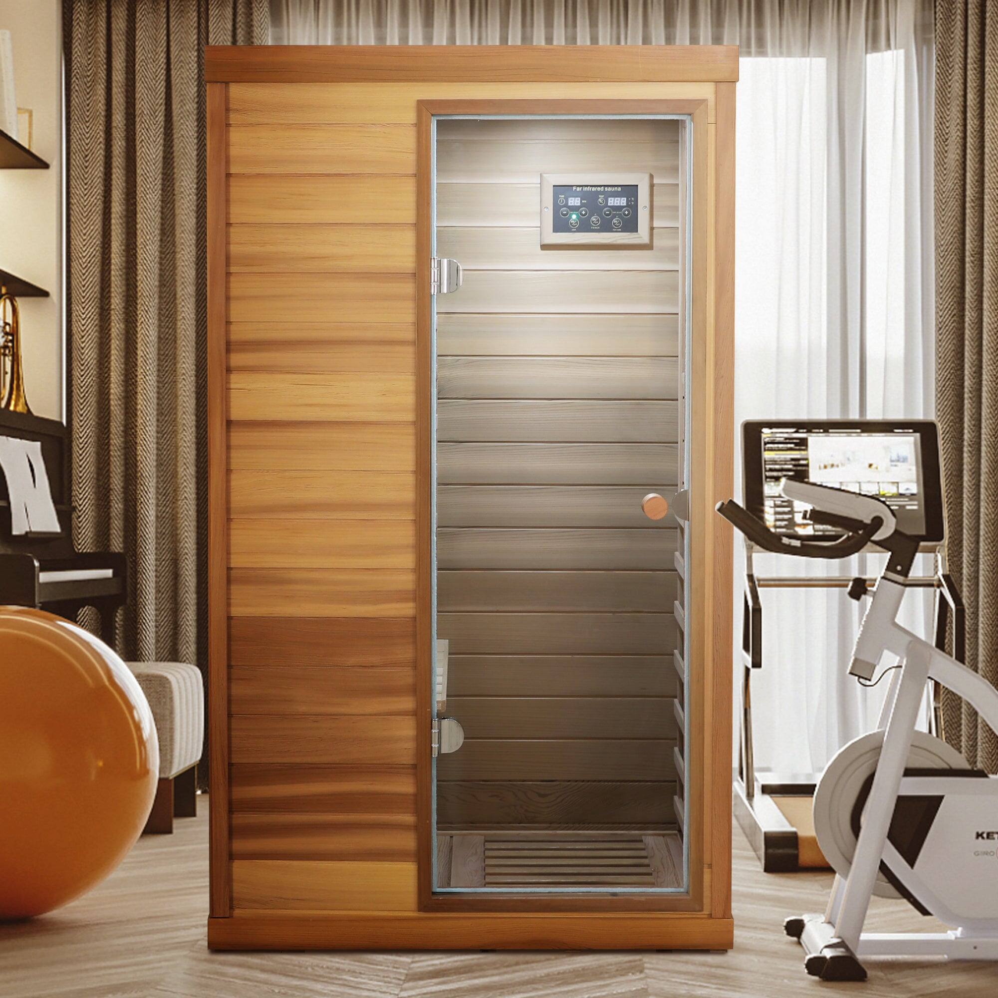 Alt View 4. Boyel Living - Red Cedar Mini 1-Person Far Infrared Sauna with Glass Door (Right) and Bluetooth Audio - Natural Wood+Caramel.