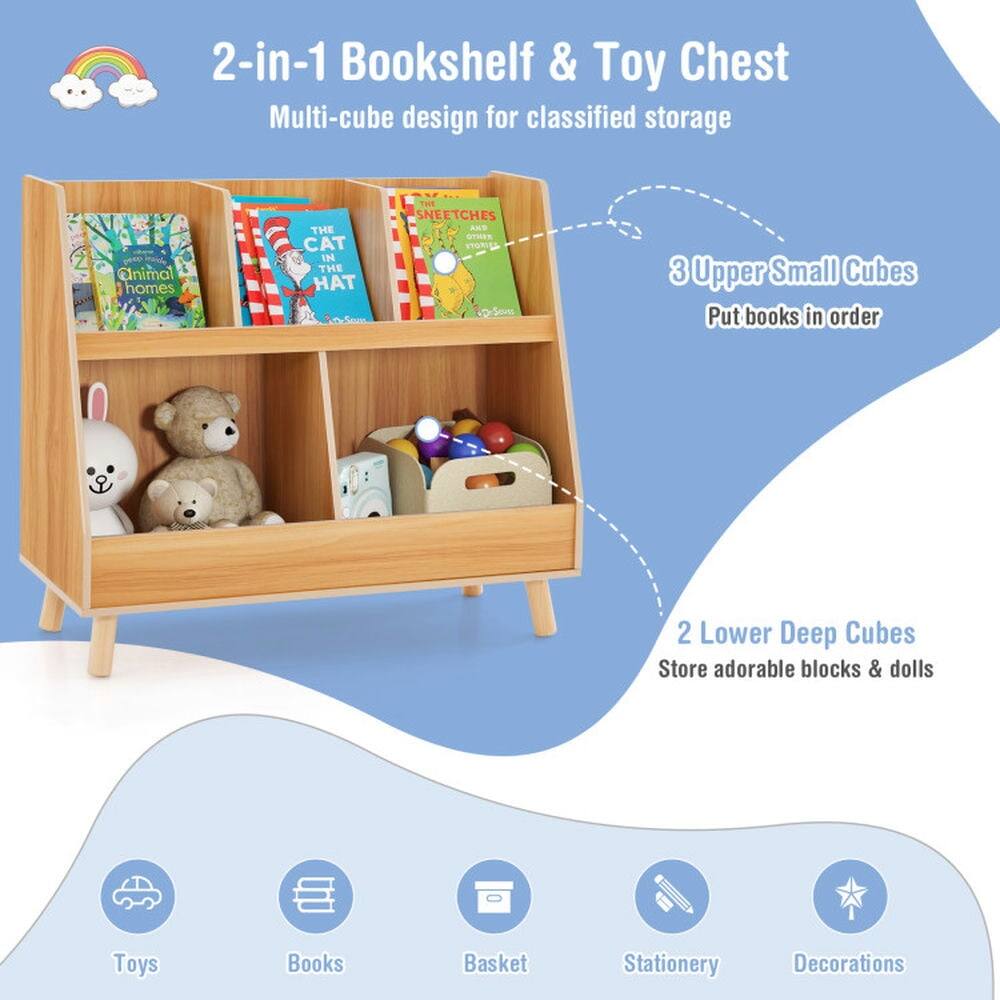 2-in-1 Bookshelf & Toy Chest  
Multi-cube design for classified storage  

3 Upper Small Cubes  
Put books in order  

2 Lower Deep Cubes  
Store adorable blocks & dolls  

Toys  
Books  
Basket  
Stationery  
Decorations