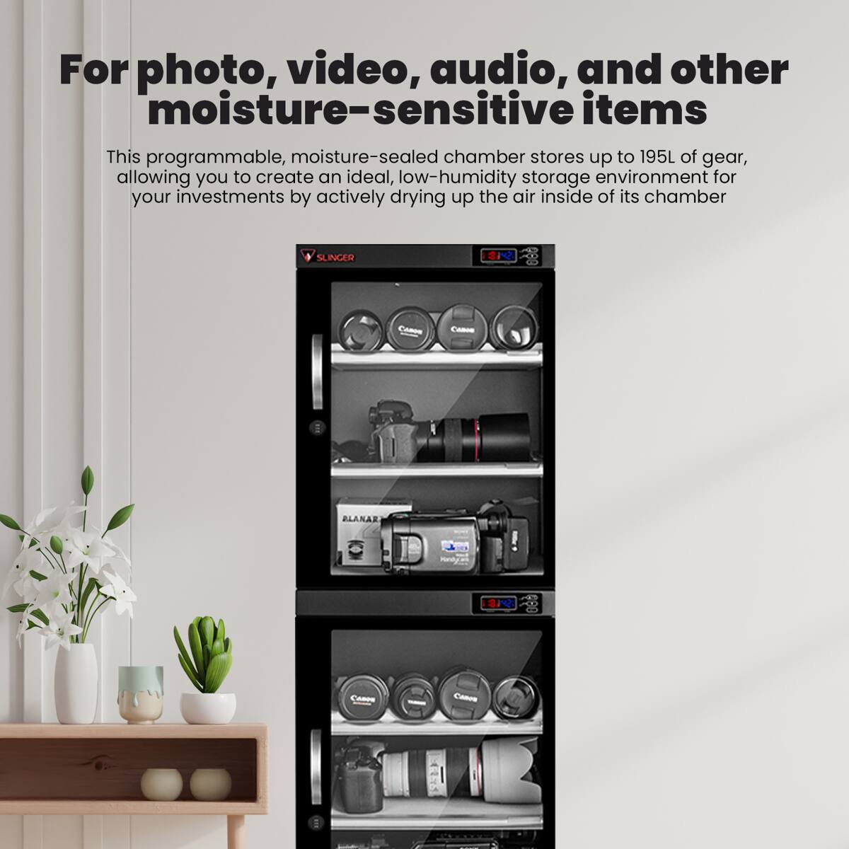 For photo, video, audio, and other moisture-sensitive items

This programmable, moisture-sealed chamber stores up to 195L of gear, allowing you to create an ideal, low-humidity storage environment for your investments by actively drying up the air inside of its chamber