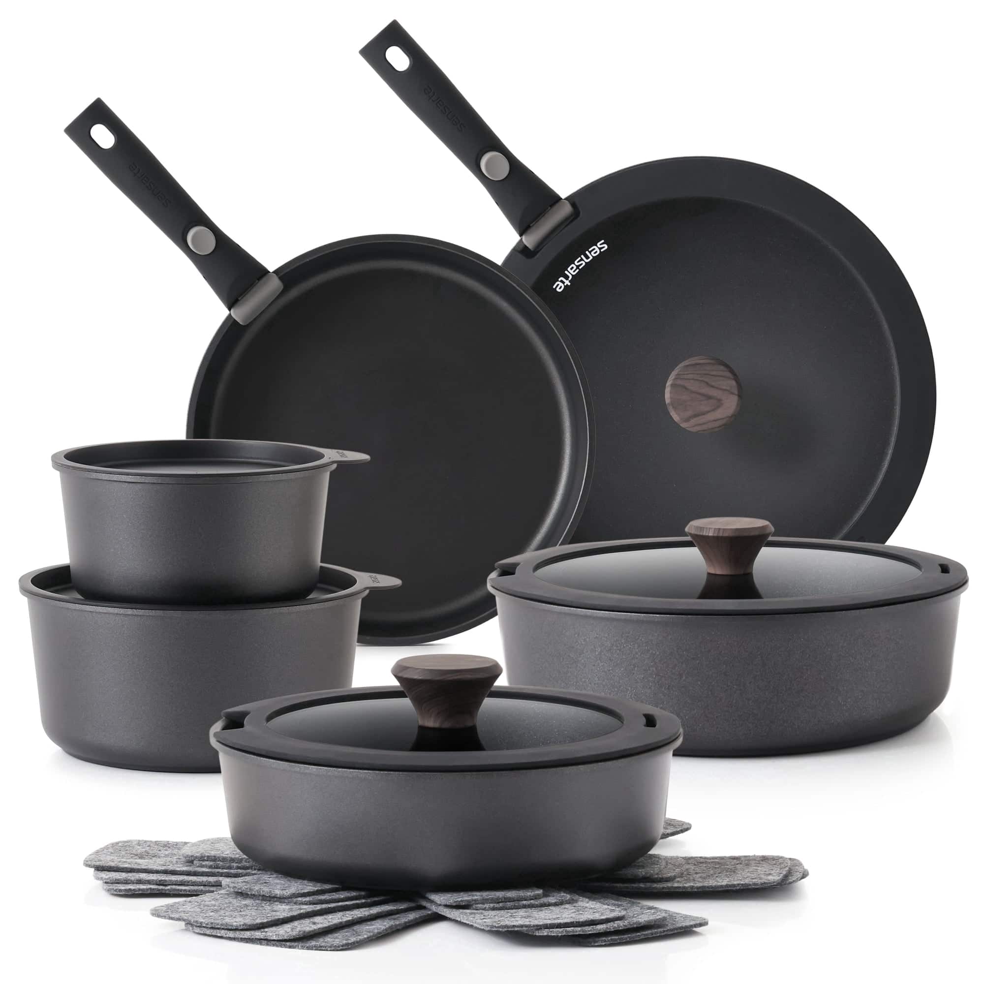 SENSARTE - 18Pcs Nonstick Pots and Pans Set with Detachable Handle, Induction Compatible, Stackable, Dishwasher/Oven Safe - Black