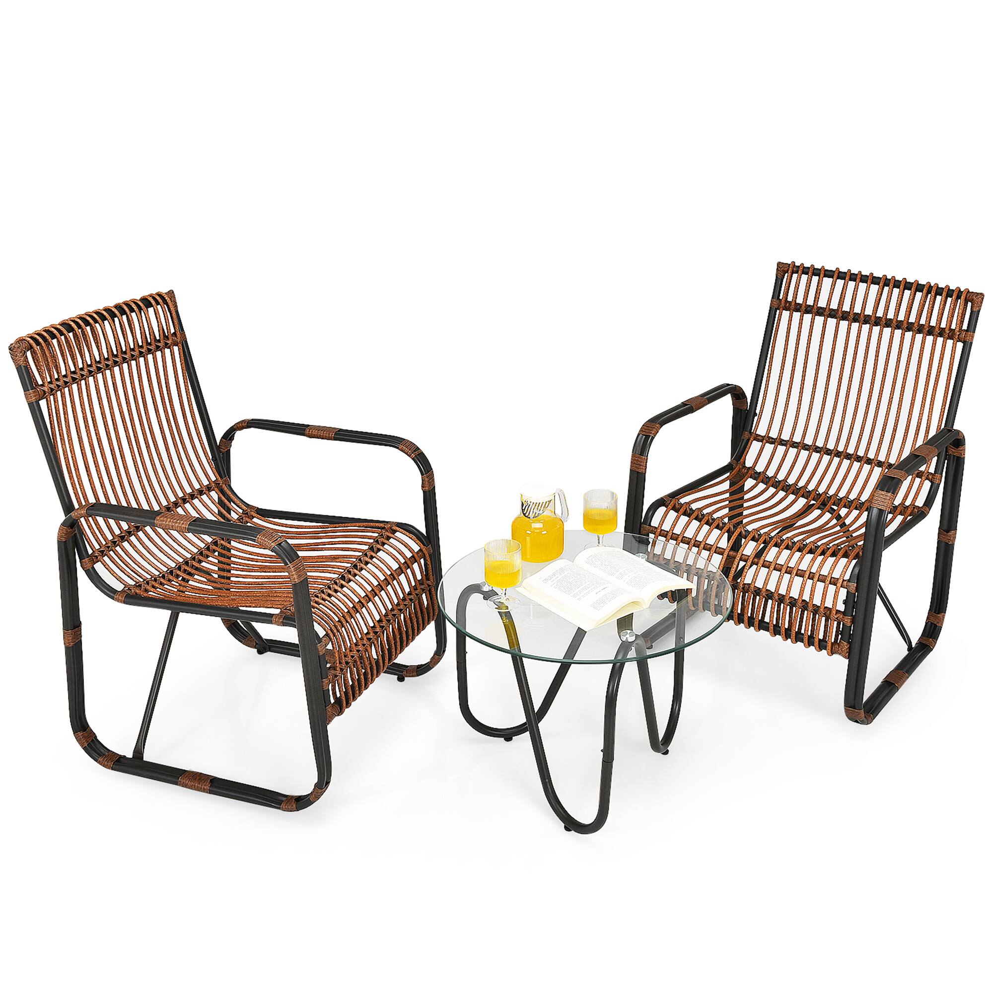 Alt View 5. Gymax - Gymax 3PCS Rattan Patio Conversation Set Bistro Furniture Set w/ Glass Table - Brown + Black.