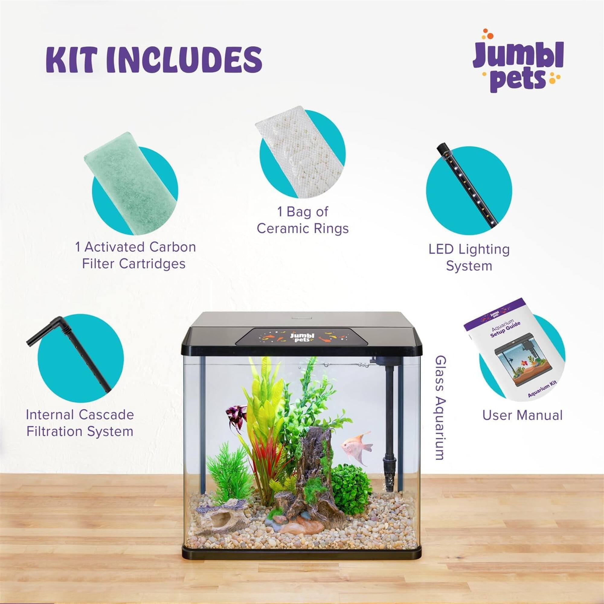 KIT INCLUDES

- 1 Activated Carbon Filter Cartridges
- 1 Bag of Ceramic Rings
- LED Lighting System
- Internal Cascade Filtration System
- Glass Aquarium
- User Manual