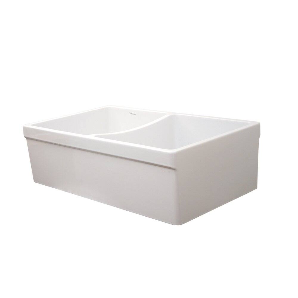 Front. Whitehaus - Farmhaus Fireclay Quatro Alcove Reversible Double Bowl Sink with 2" Lip on One Side and 2 ½" Lip on the Opposite Side - White.