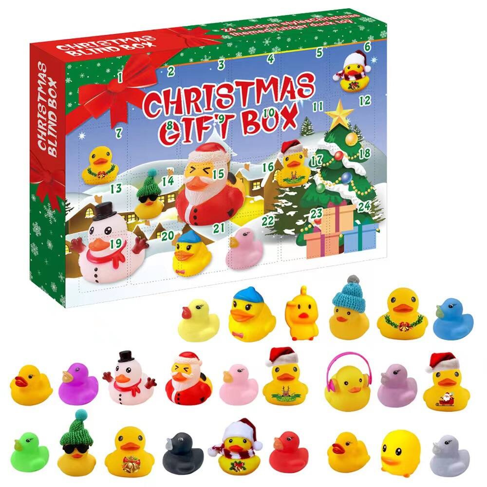 Sure, here is the corrected and grouped text from the image:
---
**CHRISTMAS BLIND BOX**
**CHRISTMAS GIFT BOX**
1. Snowman
2. Duck with Santa Hat
3. Duck with Santa Hat
4. Duck with Santa Hat
5. Duck with Santa Hat
6. Duck with Santa Hat
7. Duck with Santa Hat
8. Duck with Santa Hat
9. Duck with Santa Hat
10. Duck with Santa Hat
11. Duck with Santa Hat
12. Duck with Santa Hat
13. Duck with Santa Hat
14. Duck with Santa Hat
15. Duck with Santa Hat
16. Duck with Santa Hat
17. Duck with Santa Hat
18. Duck with Santa Hat
19. Duck with Santa Hat
20. Duck with Santa Hat
21. Duck with Santa Hat
22. Duck with Santa Hat
23. Duck with Santa Hat
24. Duck with Santa Hat
---
This text corresponds to the numbers and items depicted on the box and the ducks in the image.