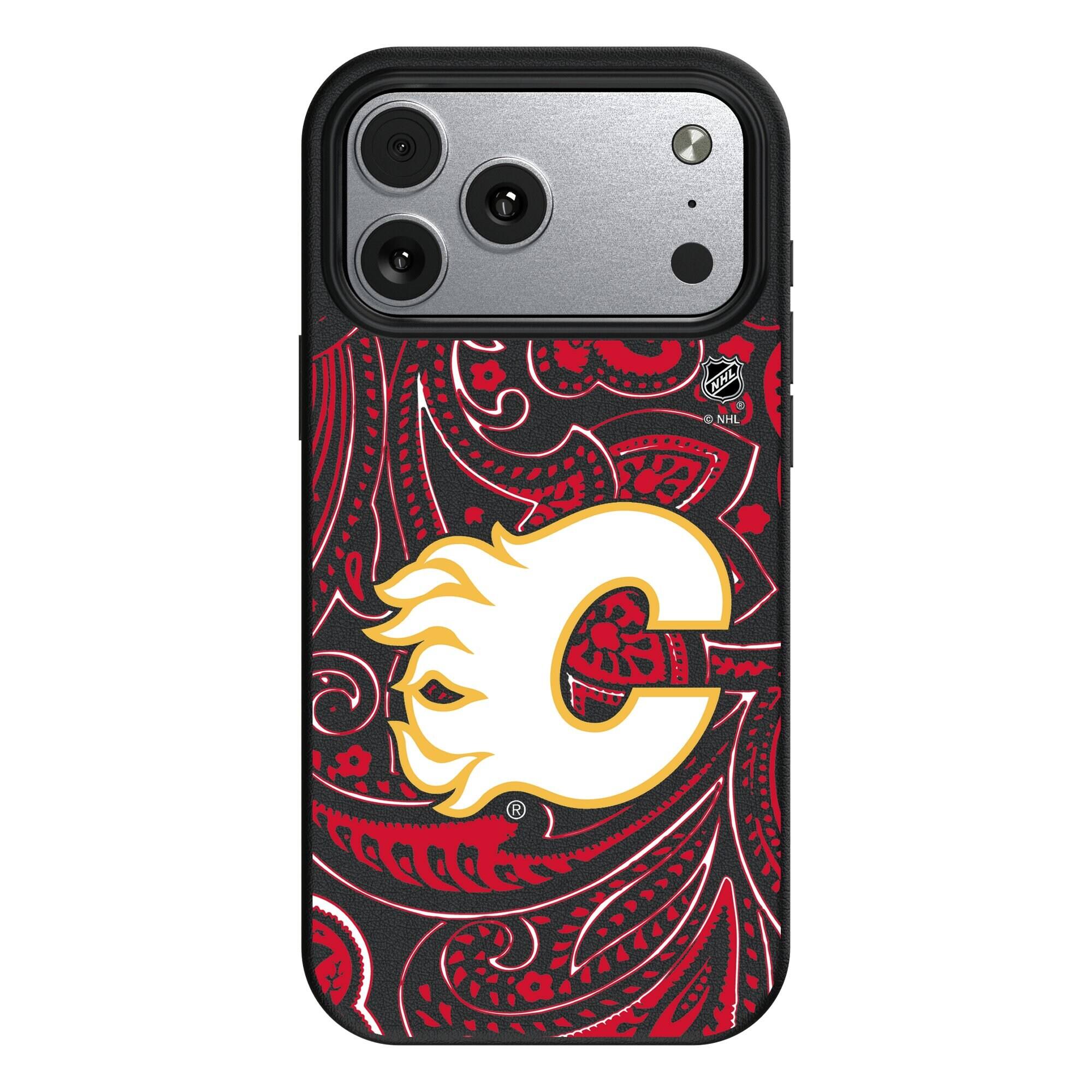 Front. Keyscaper - Black Calgary Flames Paisley iPhone Magnetic Bump Case - 17 Air - Black.