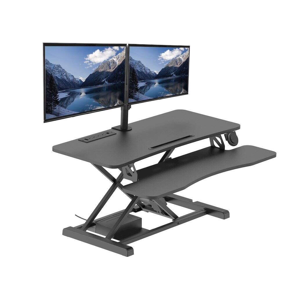 Angle. Rocelco - 37.4" Electric Standing Desk Converter with Anti-Fatigue Floor Mat - Black.