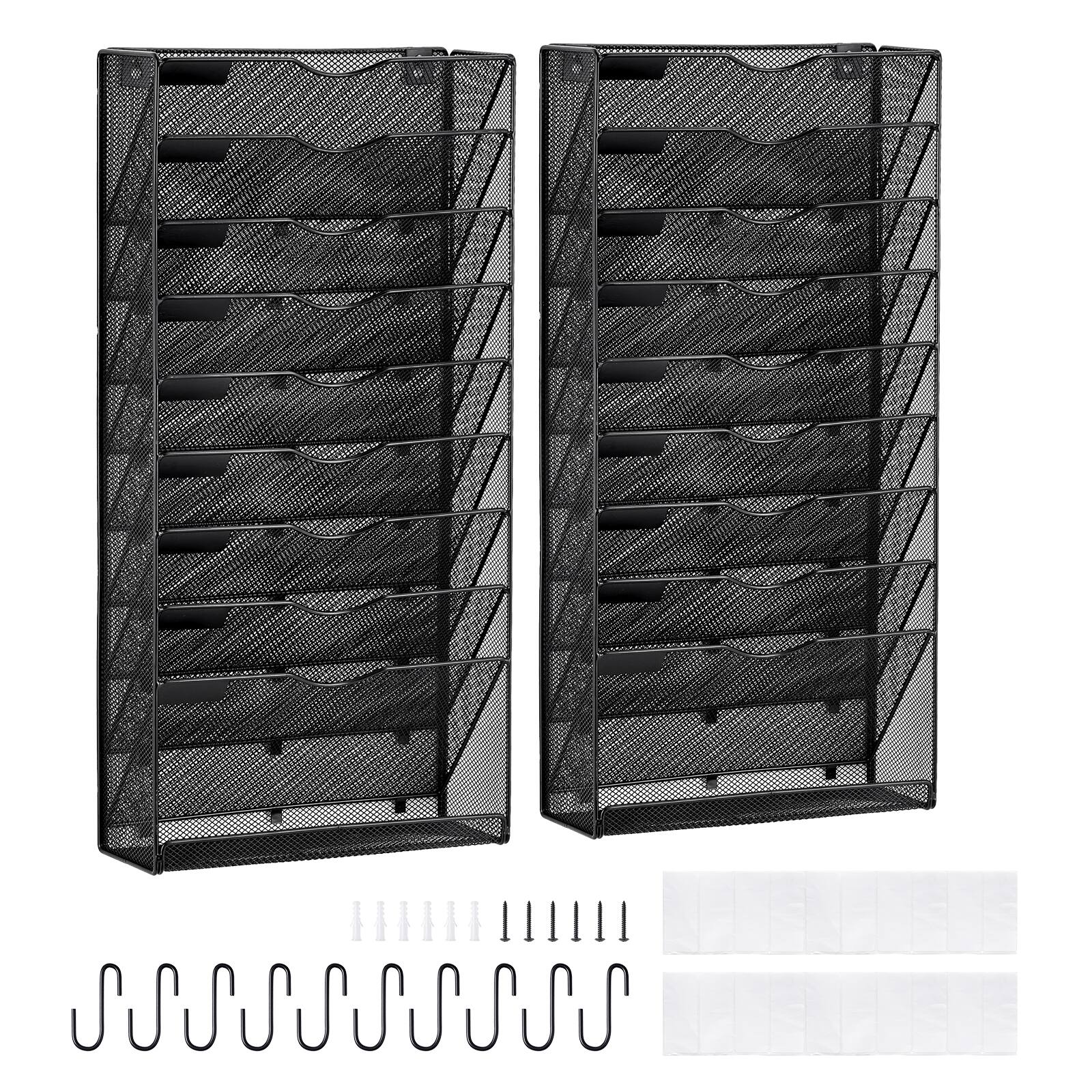 Front. VEVOR - File Wall Rack, Two-Piece 10 Pockets Mesh Wall File Holder, Wall Mounted Magazine Mail Paper & Document Storage Folder - Black.