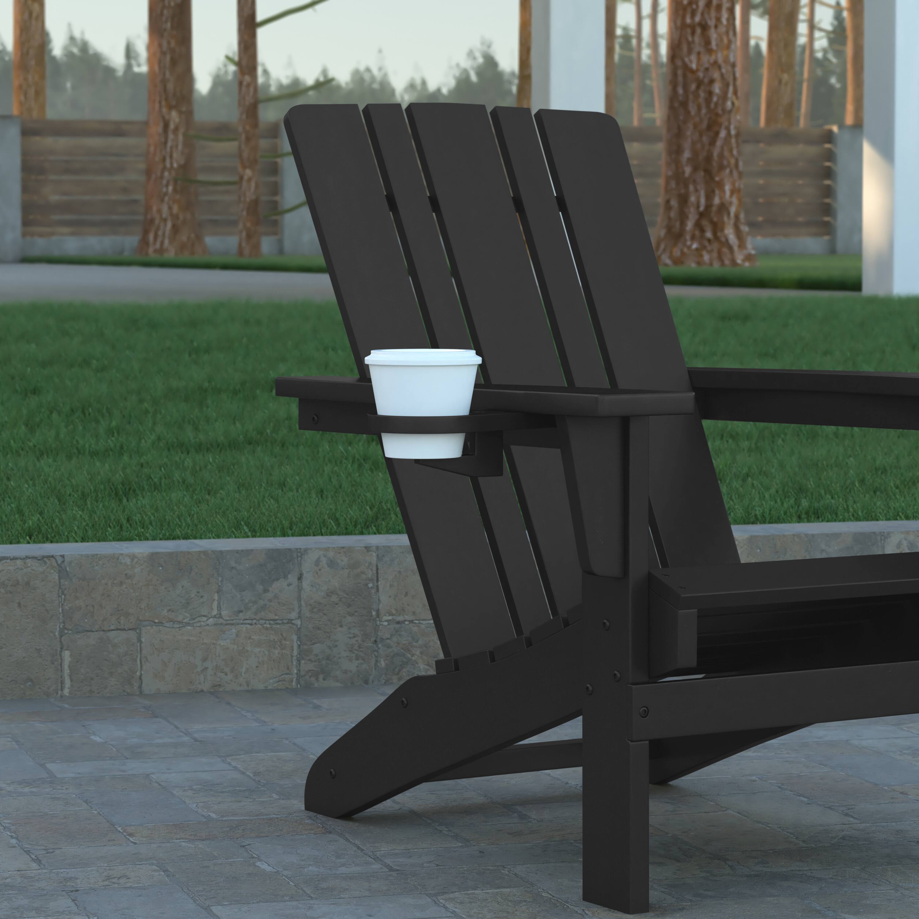 Alt View 4. Emma + Oliver - Haley Adirondack Chair with Cup Holder, Weather Resistant HDPE Adirondack Chair - Black.