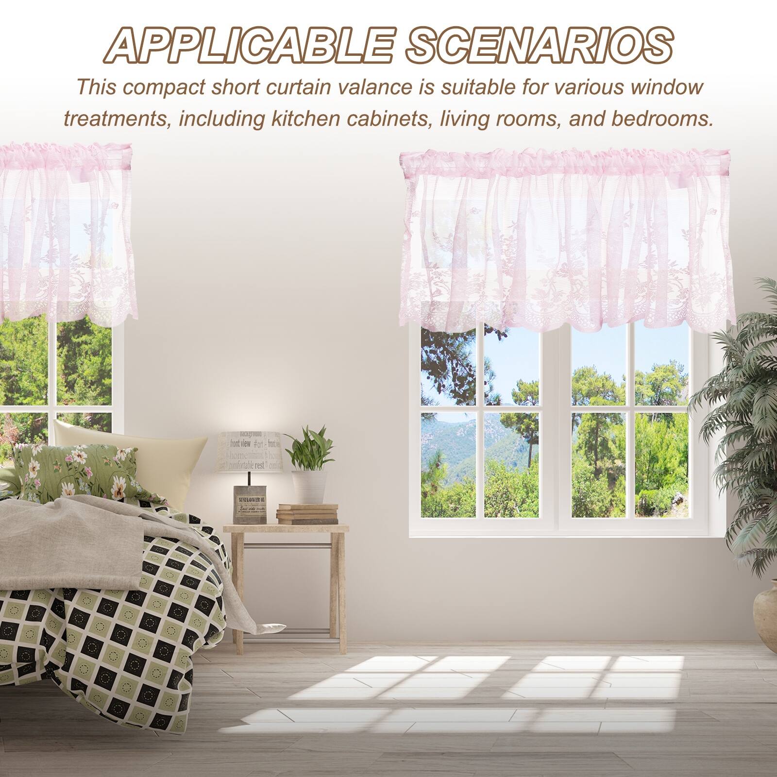 APPLICABLE SCENARIOS

This compact short curtain valance is suitable for various window treatments, including kitchen cabinets, living rooms, and bedrooms.