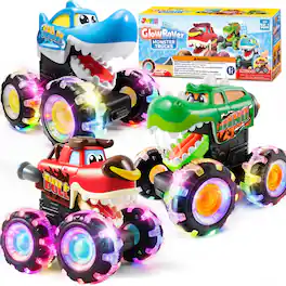 Joyfy - 3 Pack Monster Truck Toy for Kids-LED Wheels Car Vehicle Press & Go Dinosaur Toy Truck, Christmas Birthday Gift for Baby
