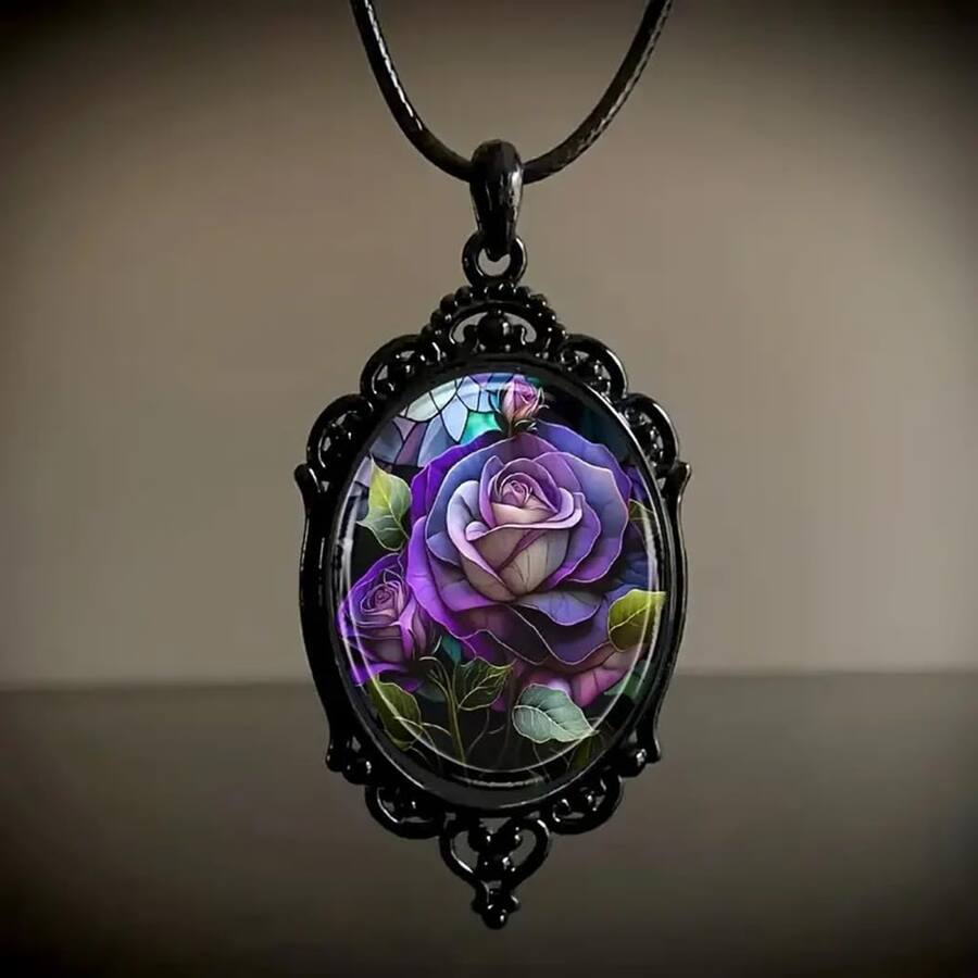 Satanic Roses Live At Space Gothic Glass Rose Pendant Necklace Victorian Embossed ...
