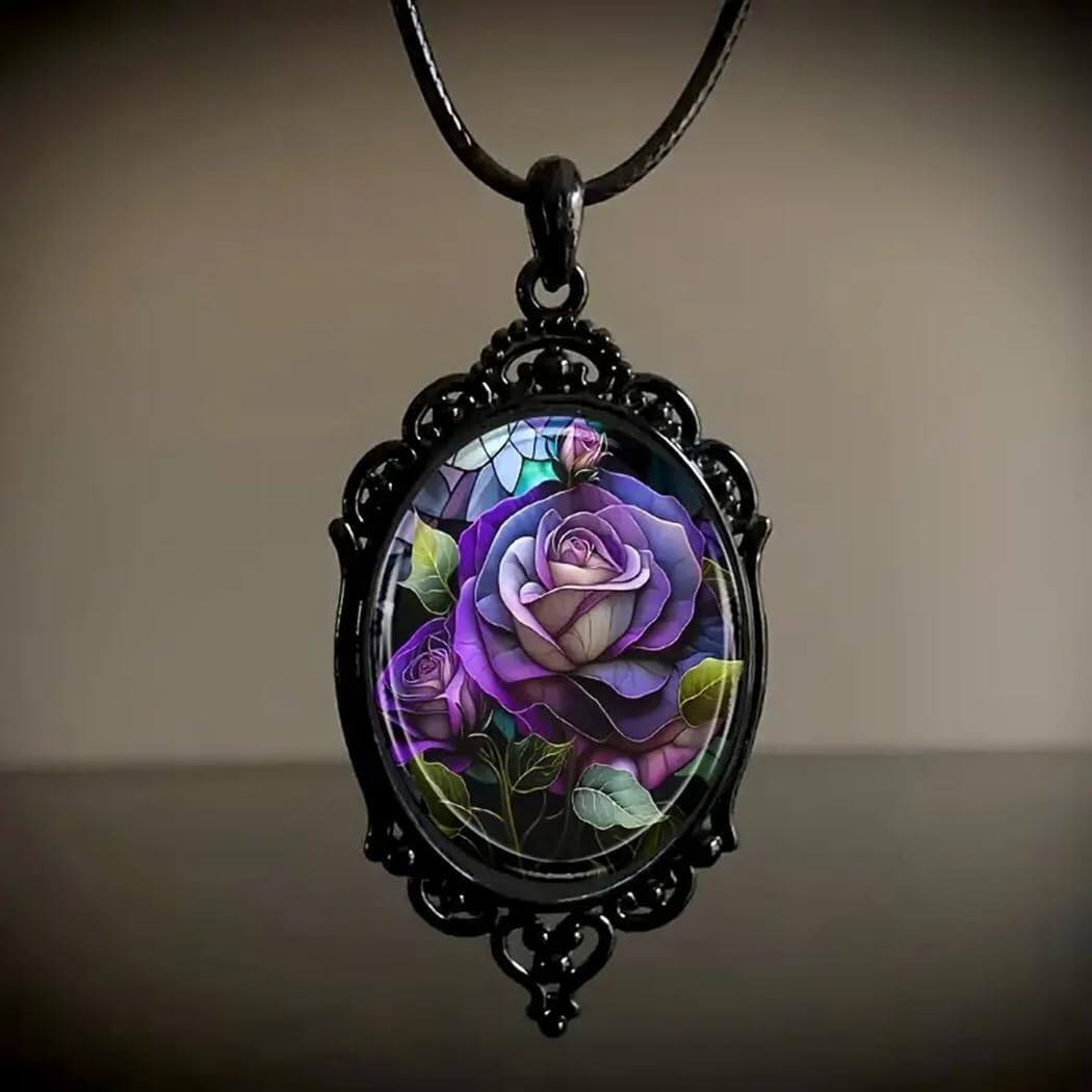 Live At Space Gothic Glass Rose Pendant Necklace Victorian Embossed ...