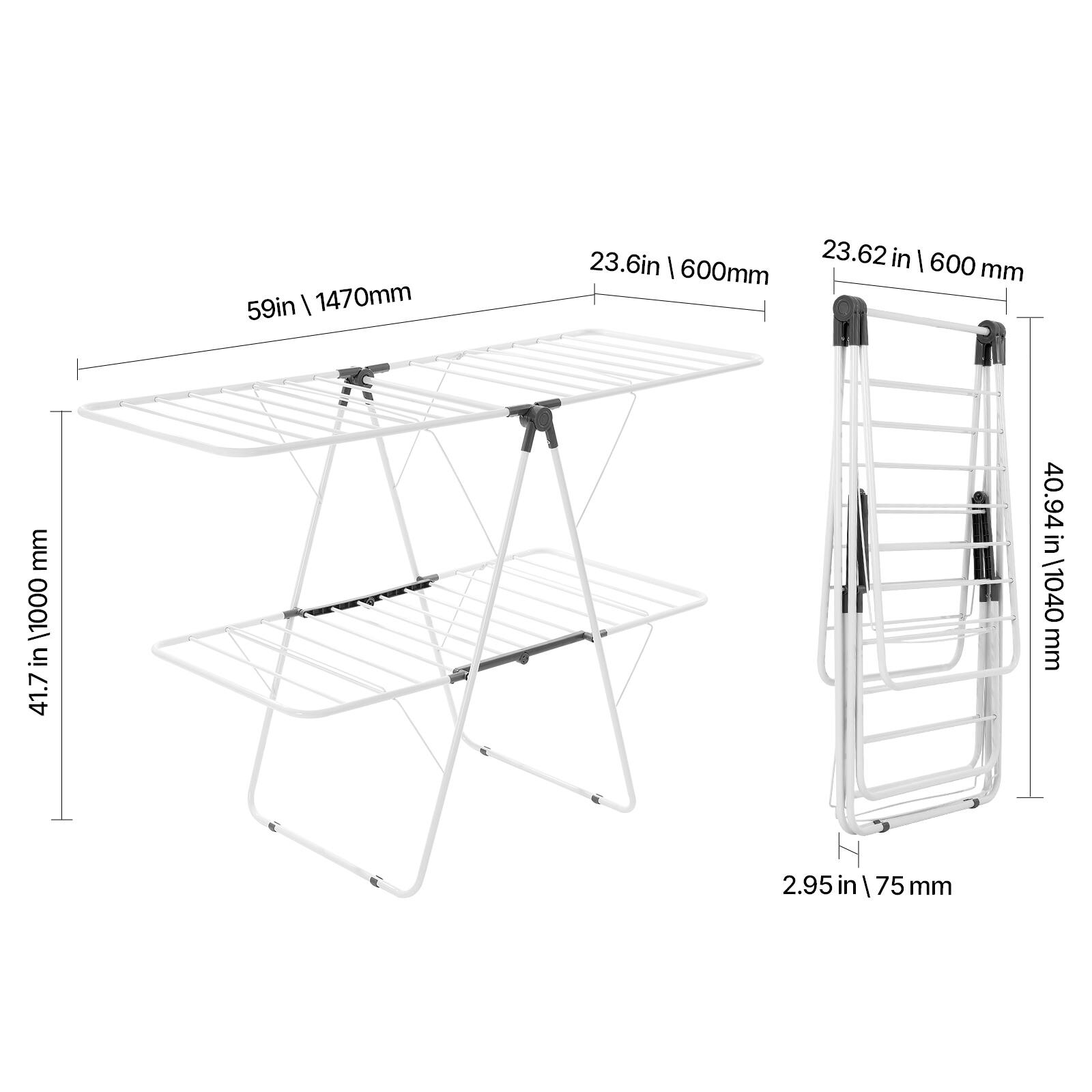 Here is the corrected and grouped text:

- 59in / 1470mm
- 23.6in
- 23.62in
- 600mm
- 1000mm
- 41.7in
- 40.94in
- 1040mm
- 2.95in
- 75mm

The image shows a foldable table with dimensions:
- Length: 59 inches (1470mm)
- Width: 23.62 inches (600mm)
- Height: 41.7 inches (1040mm)
- Thickness: 2.95 inches (75mm)