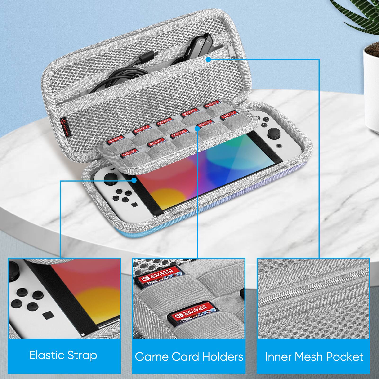 FINDAS  
VITAMIN G A NININE CO VALVELA A  
NINAMON 14 VANWA VOLVON CO. MIMMOE  
8  
AD SWITCH  
AD SWITCH  
Elastic Strap  
Game Card Holders  
Inner Mesh Pocket