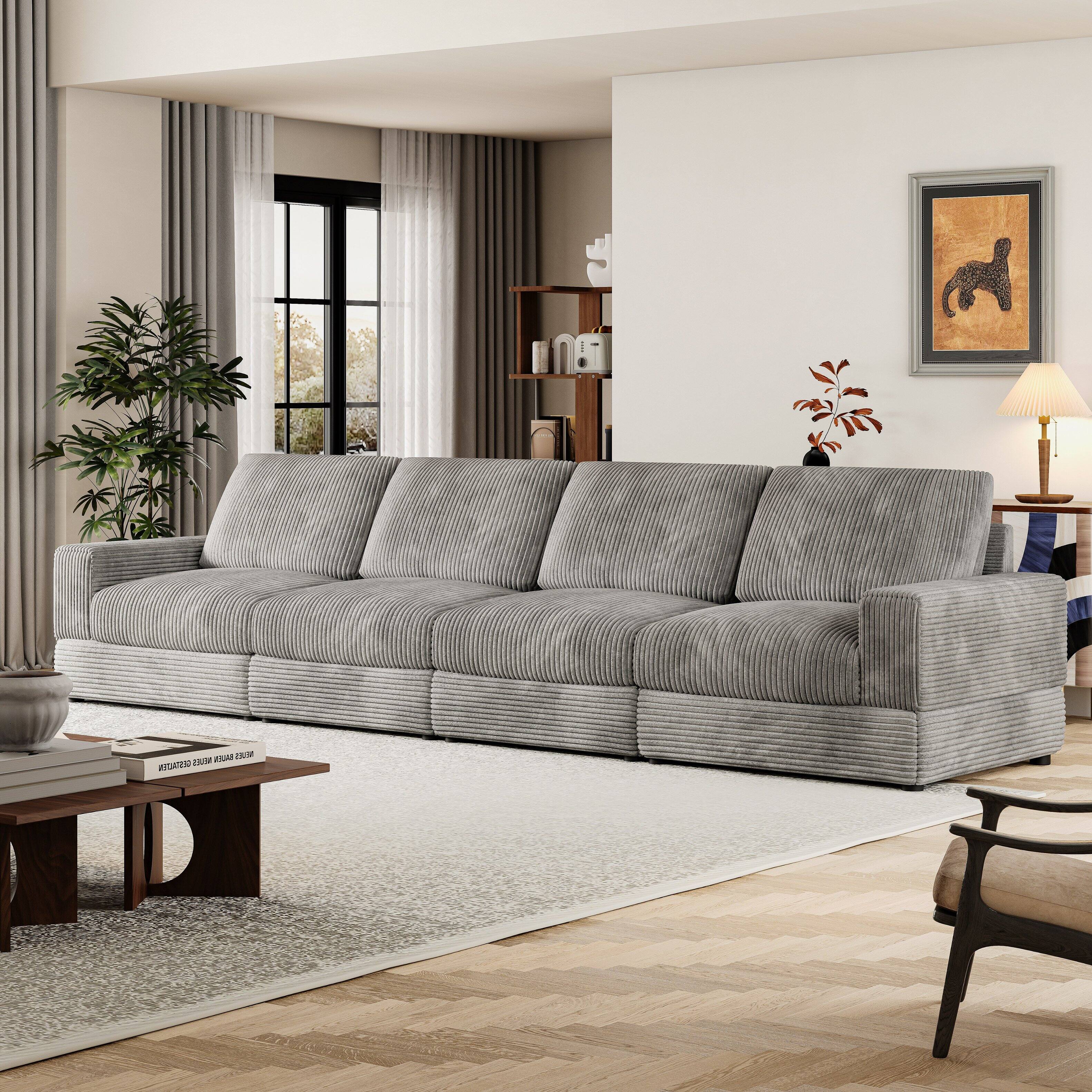 MSOOB - 138'' 4-Seater Corduroy Sofa Extra Wide Corduroy Couch with Pillows Back and Deep Seat for Theater Rooms (Gray) - Gray