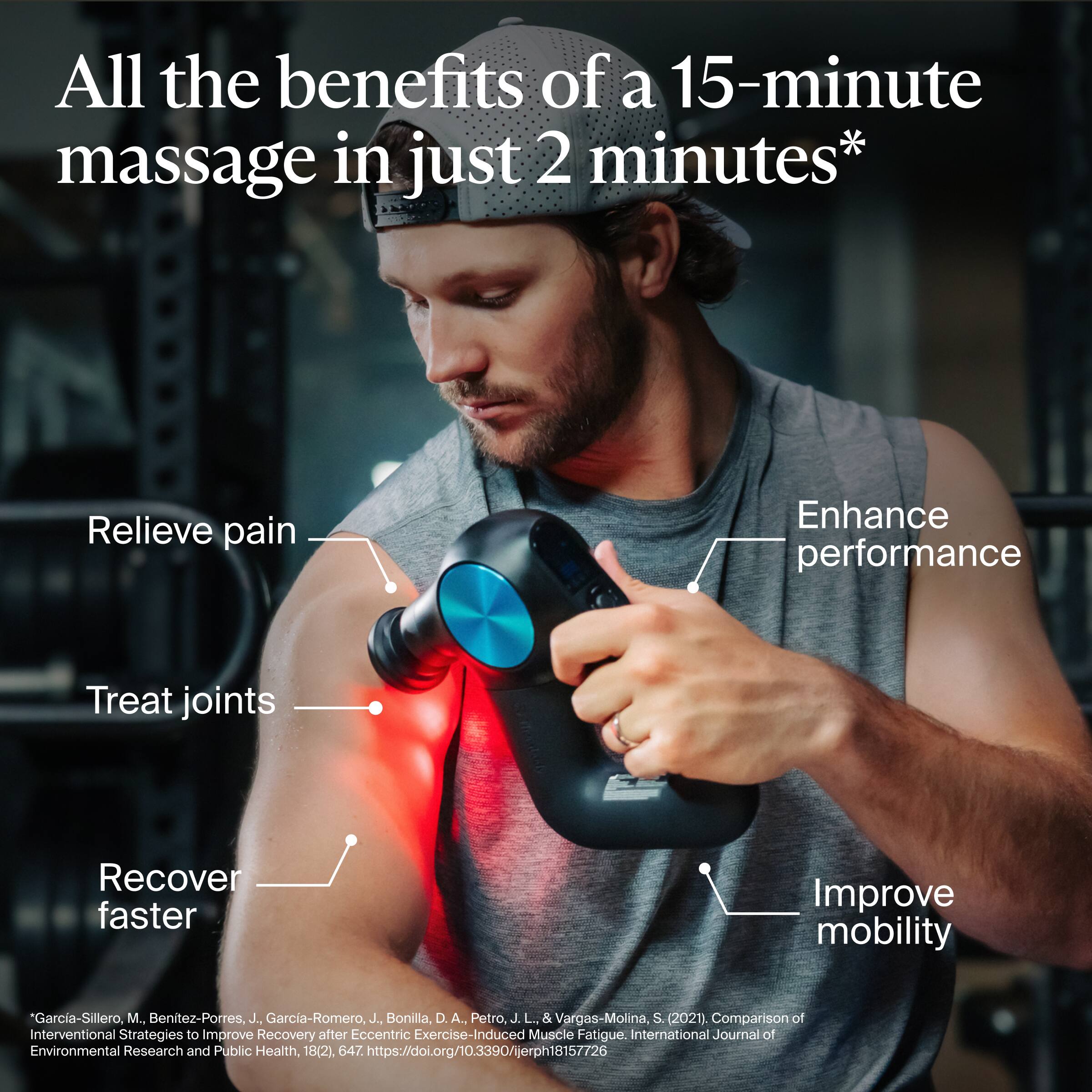 All the benefits of a 15-minute massage in just 2 minutes*

- Relieve pain
- Enhance performance
- Treat joints
- Recover faster
- Improve mobility

*Garcia-Sillero, M., Benitez-Porres, J., Garcia-Romero, J., Bonilla, D. A., Petro, J. L., & Vargas-Molina, S. (2021). Comparison of Interventional Strategies to Improve Recovery after Eccentric Exercise-Induced Muscle Fatigue. International Journal of Environmental Research and Public Health, 18(2), 647. https://doi.org/10.3390/ijerph18157726