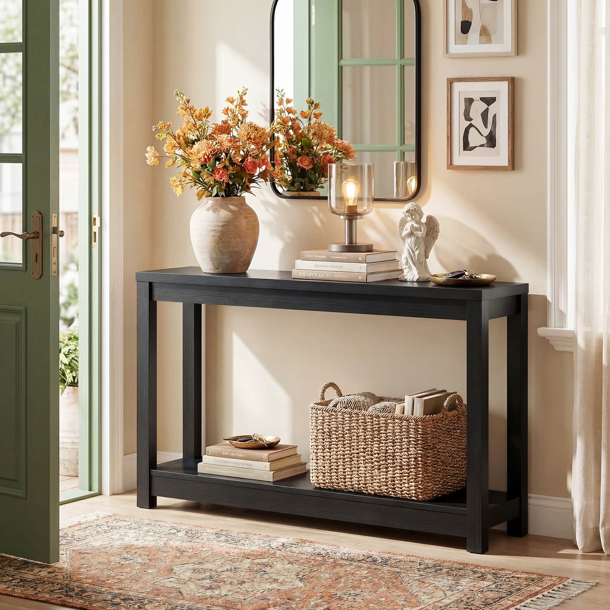 Aheaplus - 47" Farmhouse Wood Entryway Table: Narrow Console with Open Storage Shelves for Behind Couch, Easy Assembly - Black
