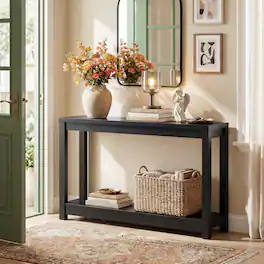 Aheaplus - 47" Farmhouse Wood Entryway Table: Narrow Console with Open Storage Shelves for Behind Couch, Easy Assembly - Black