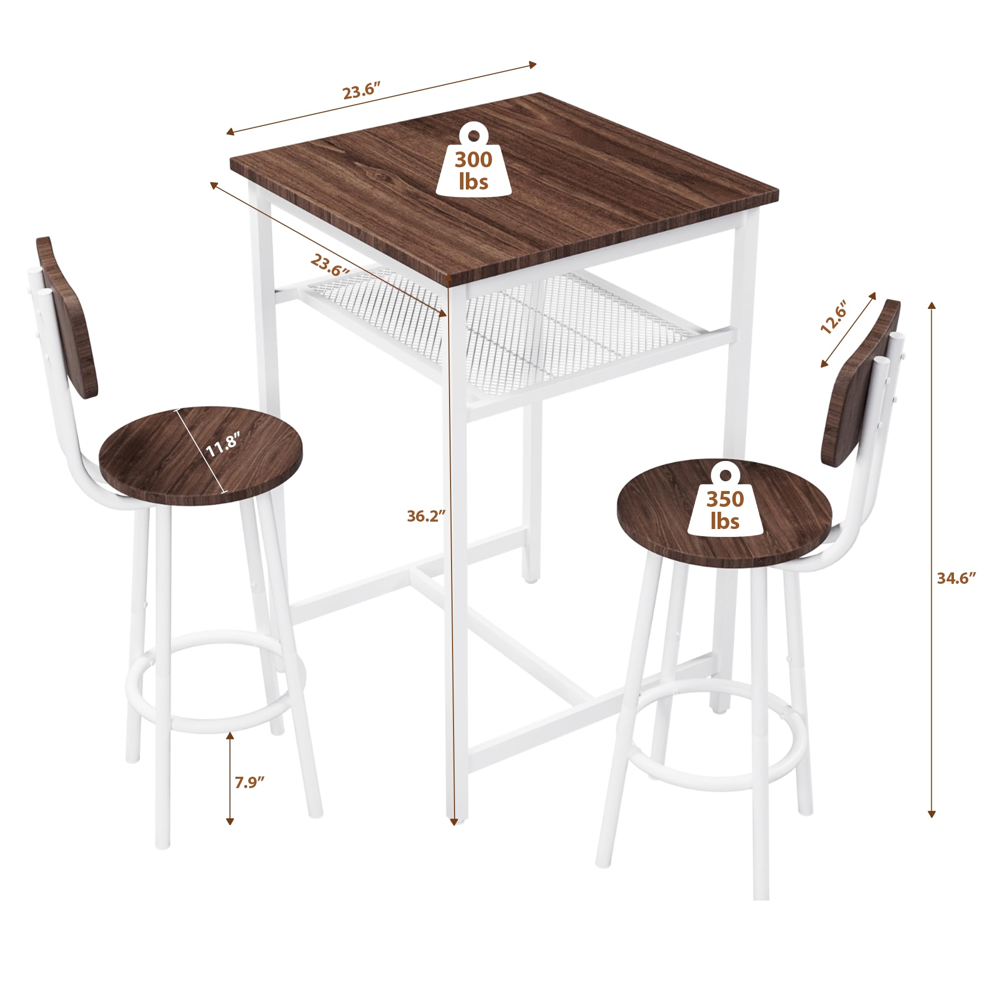 - Table dimensions: 23.6" x 23.6" x 12.6"
- Table weight capacity: 300 lbs
- Chair dimensions: 11.8" (seat diameter) x 36.2" (height) x 7.9" (seat height)
- Chair weight capacity: 350 lbs
- Overall height of the set: 34.6"