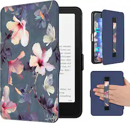 Fintie - Case for 7" Kindle Paperwhite 12th Gen 2024 & Kindle Colorsoft Lightweight Slim Hard Back Shell Cover w/Hand Strap - Blooming Hibiscus