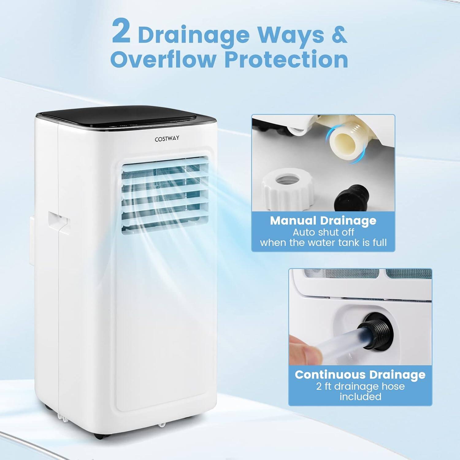 2 Drainage Ways & Overflow Protection

Manual Drainage
Auto shut off when the water tank is full

Continuous Drainage
2 ft drainage hose included