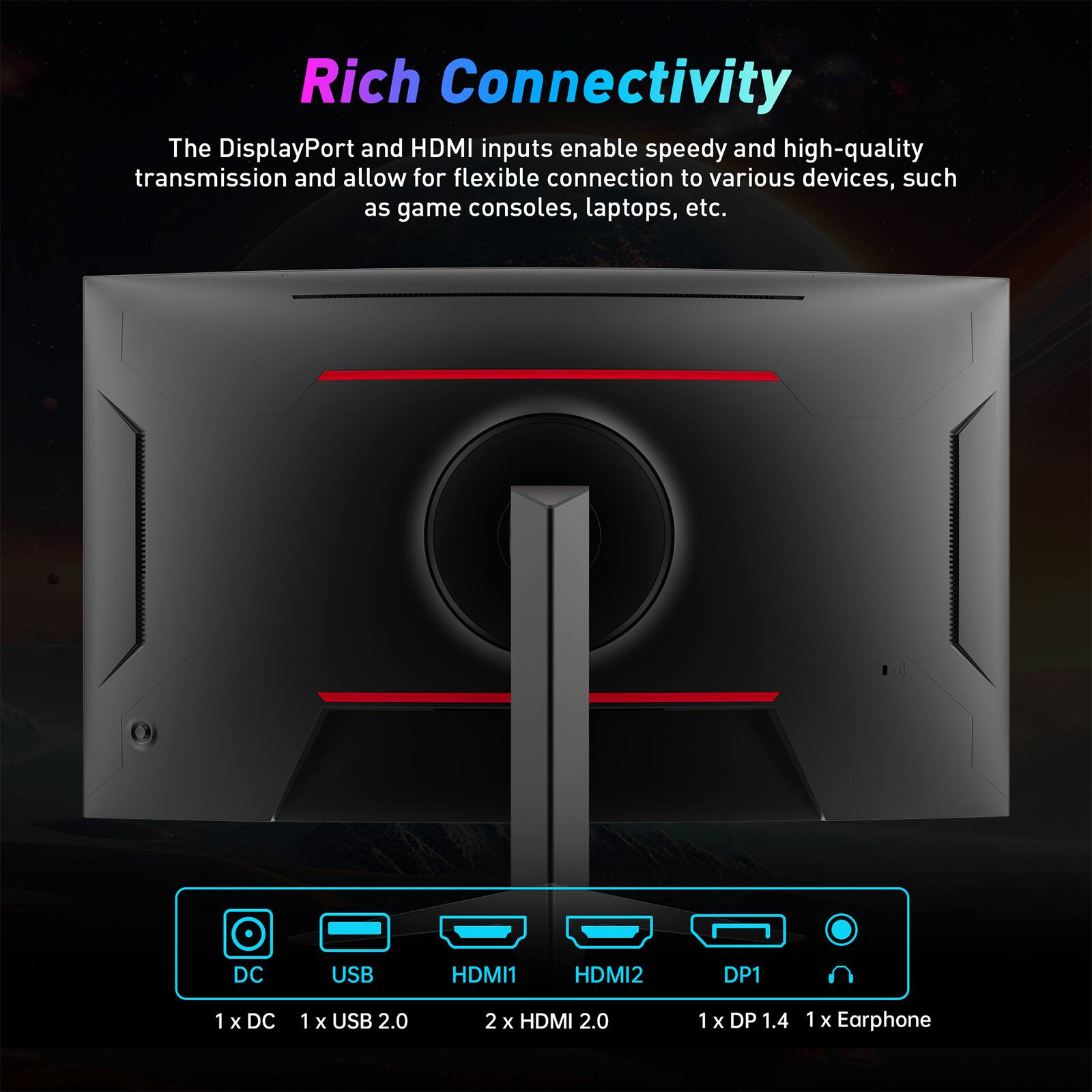 Rich Connectivity: The DisplayPort and HDMI inputs enable speedy and high-quality transmission and allow for flexible connection to various devices, such as game consoles, laptops, etc. The device also features a DC USB HDMI1 HDMI2 DP1 1 x DC 1 x USB 2.0 2 x HDMI 2.0 1 x DP 1.4 1x 1 X Earphone.