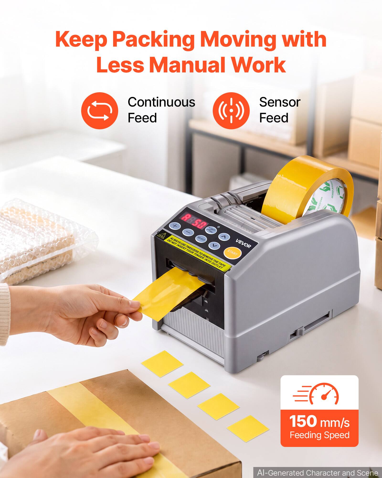 Keep Packing Moving with Less Manual Work

Continuous Feed

Sensor Feed

150 mm/s Feeding Speed

AI-Generated Character and Scene