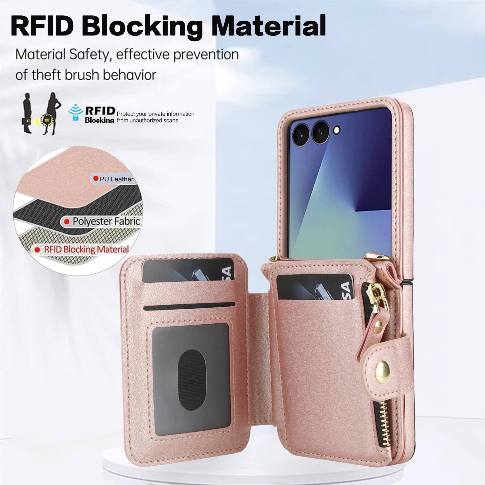RFID Blocking Material  
Material Safety, effective prevention of theft brush behavior  

RFID Protect your private information from unauthorized scans  

PU Leather  
Polyester Fabric  
RFID Blocking Material