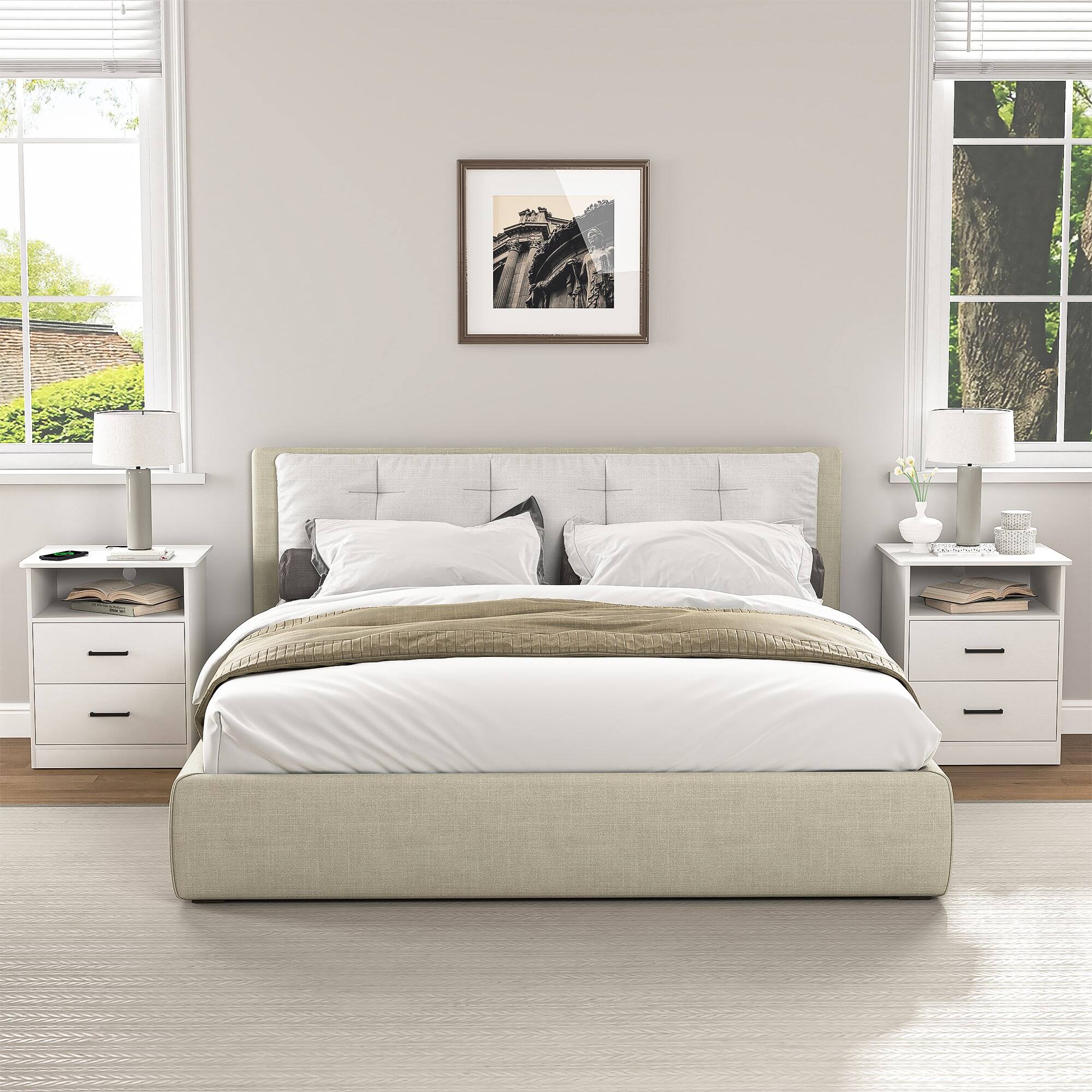 Alt View 1. Kadyn - Wood Nightstand With Charging Station, Bedside Table With 2 Drawers, Bedroom Nightstand - White.
