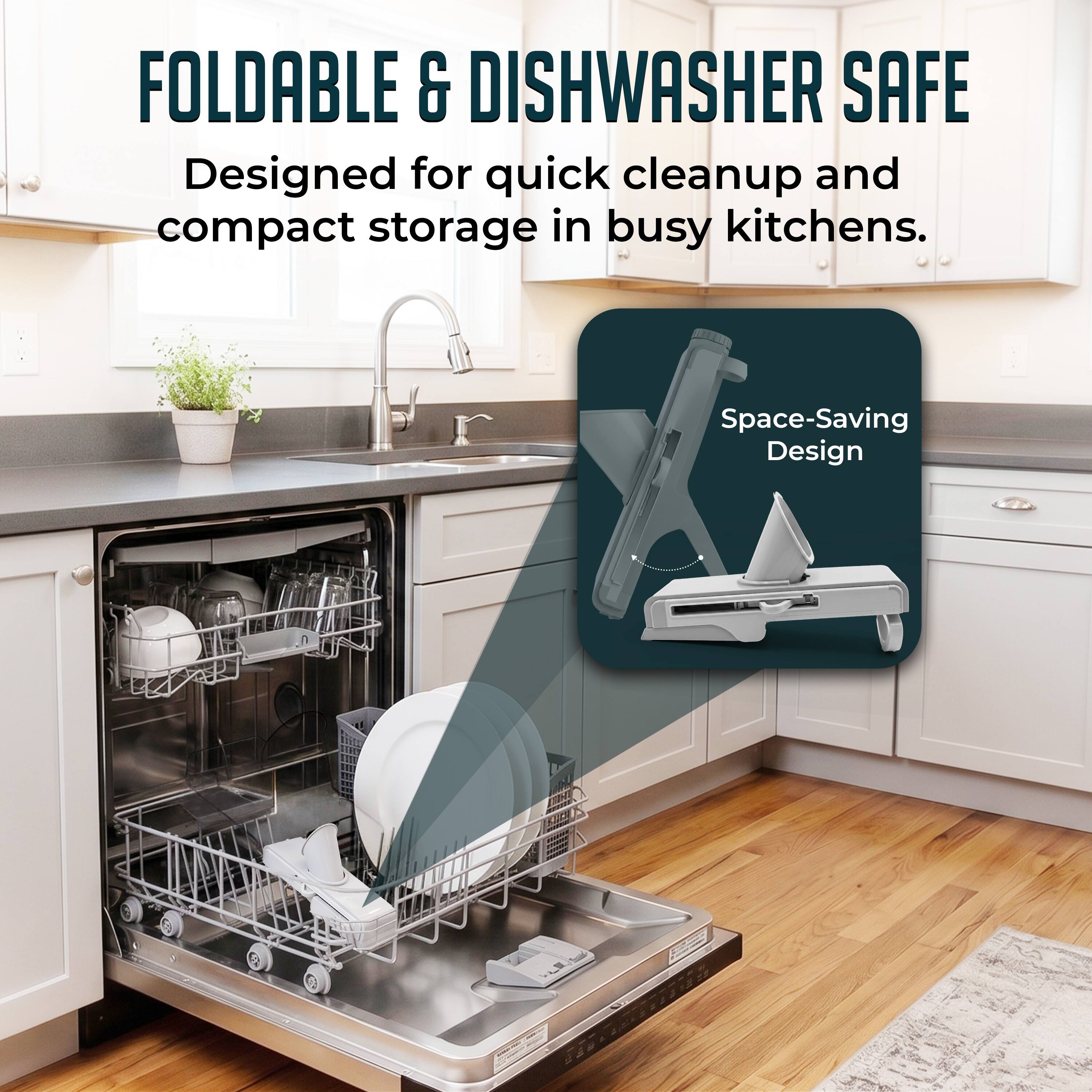 FOLDABLE & DISHWASHER SAFE  
Designed for quick cleanup and compact storage in busy kitchens.  
Space-Saving Design