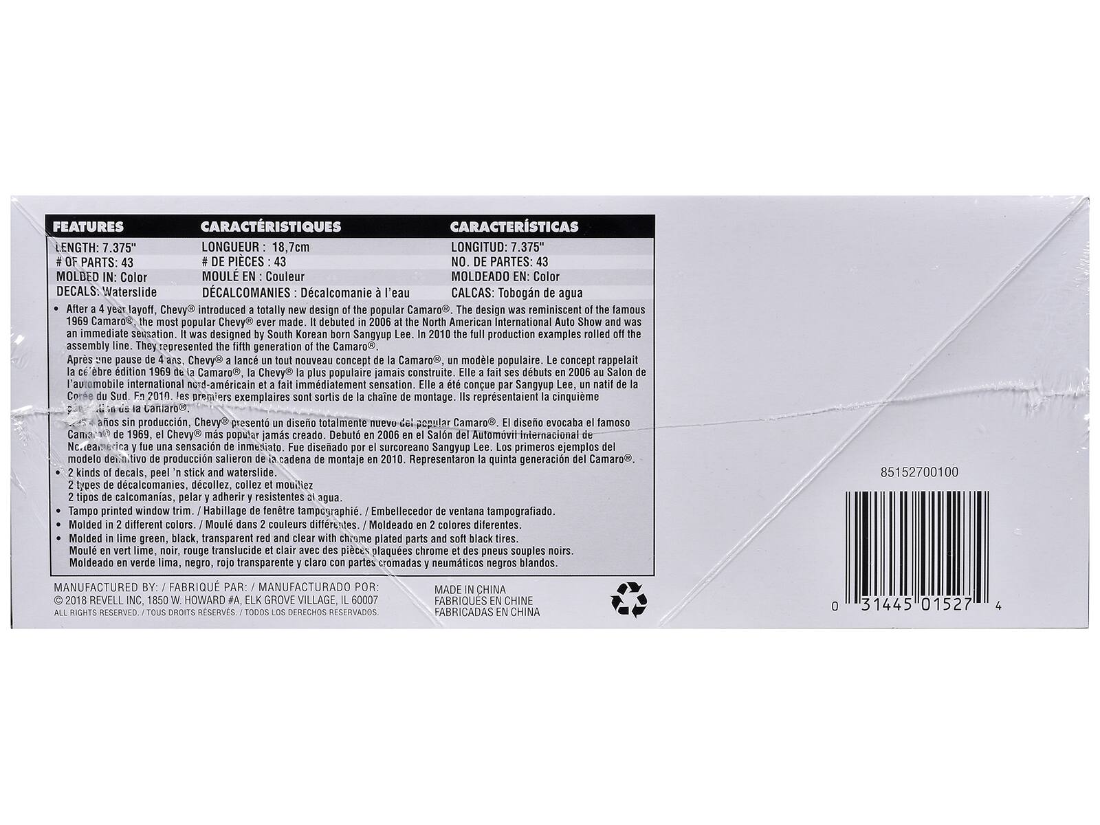 **FEATURES**

- LENGTH: 7.375"
- # OF PARTS: 43
- MOLDED IN: Color
- DECALS: Waterslide

After a 4 year layoff, Chevy® introduced a totally new design of the popular Camaro®. The design was reminiscent of the famous 1969 Camaro®. It was designed by South Korean born Sangyup Lee. In 2010 the full production examples rolled off the assembly line. They represented the fifth generation of the Camaro®. The design was reminiscent of the famous 1969 Camaro®. It was designed by South Korean born Sangyup Lee. In 2010 the full production examples rolled off the assembly line. They represented the fifth generation of the Camaro®. The design was reminiscent of the famous 1969 Camaro®. It was designed by South Korean born Sangyup Lee. In 2010 the full production examples rolled off the assembly line. They represented the fifth generation of the Camaro®. The design was reminiscent of the famous 1969 Camaro®. It was designed by South Korean born Sangyup Lee. In 