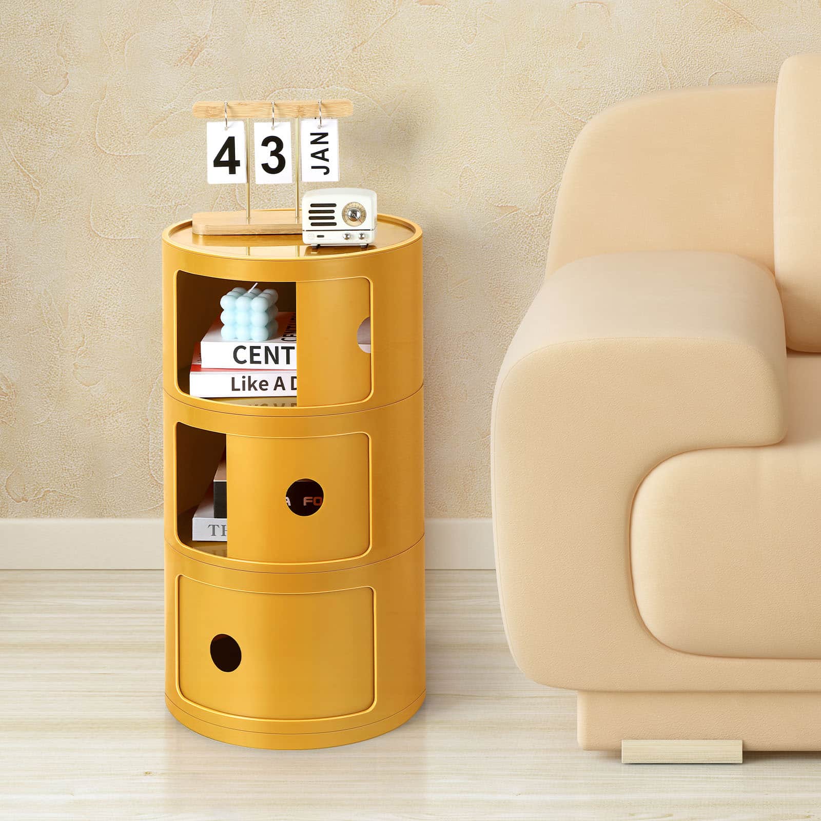 Oumilen - Modular Stackable Storage Cabinet - 3-Tier Rotating Drawer Unit for Bedroom and Living Room - Yellow