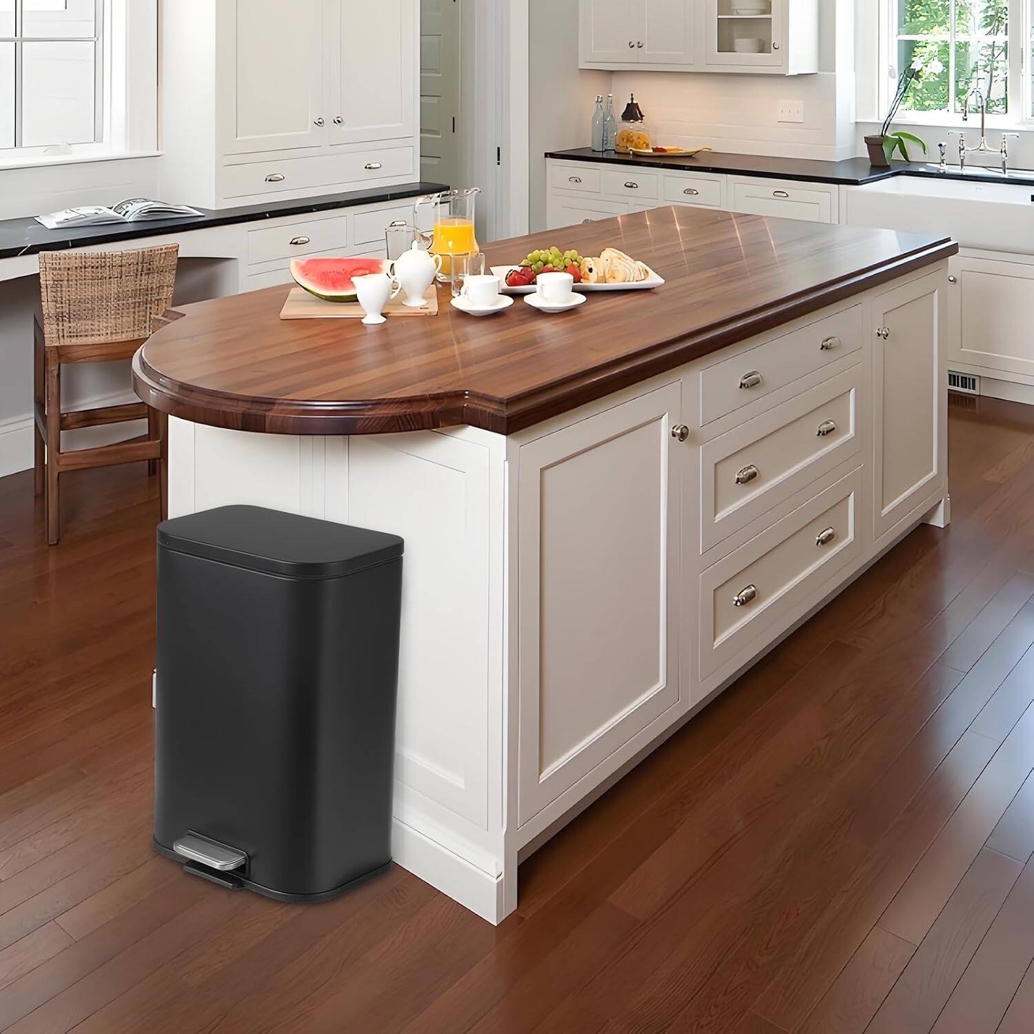 Left. Acekool - 5.3 Gallon Black Fingerprint-Proof Stainless Steel Trash Can with Soft-Close Lid, Foot Pedal & Removable Bucket - Black.
