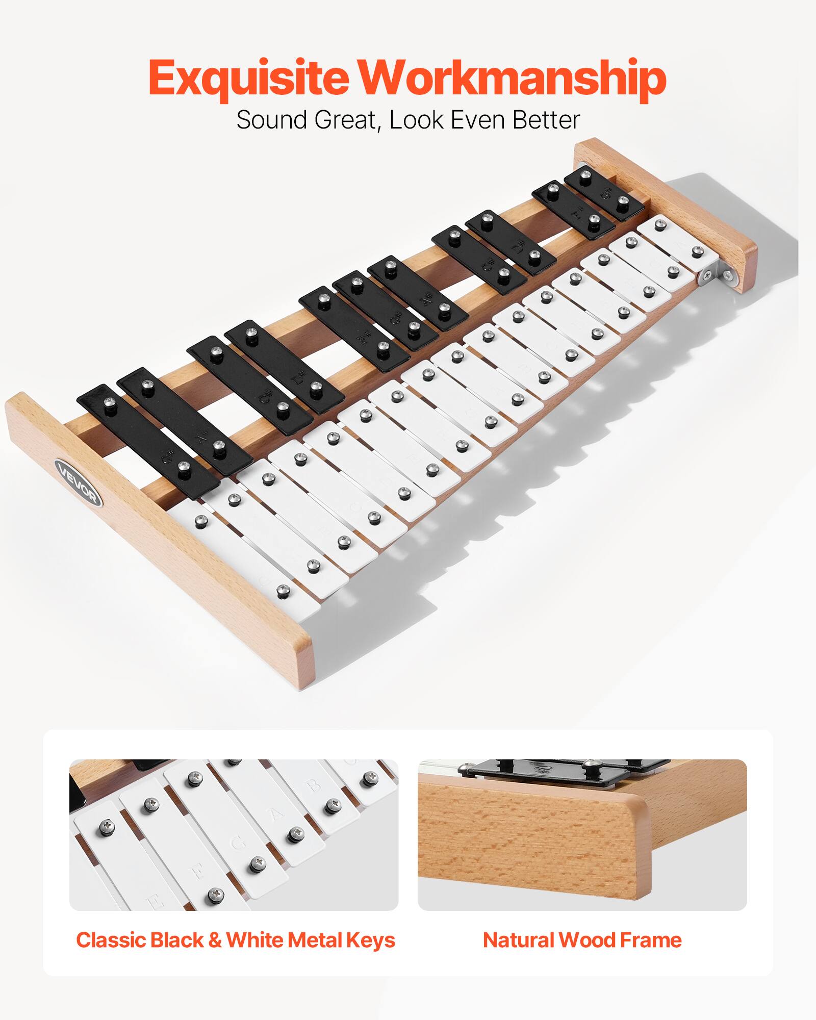 Exquisite Workmanship  
Sound Great, Look Even Better  

Classic Black & White Metal Keys  
Natural Wood Frame