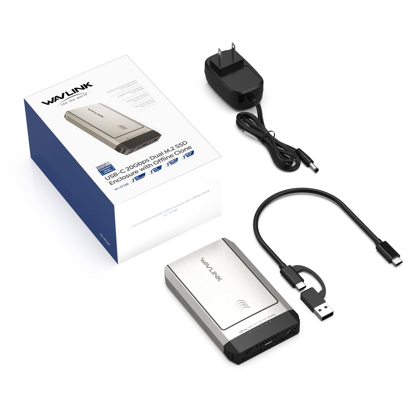 WAVLINK see the world WAVLINK WW comment Clone Open Fast - Sursum pabr M.2 SSD Dual Clone Stringe 20Gbps with Offline DGFC II USB-C WE-S7348 cone HIPY cittine MJSSO Enclisure case WE-STARF  
- Source son SON-JUN MM Targel