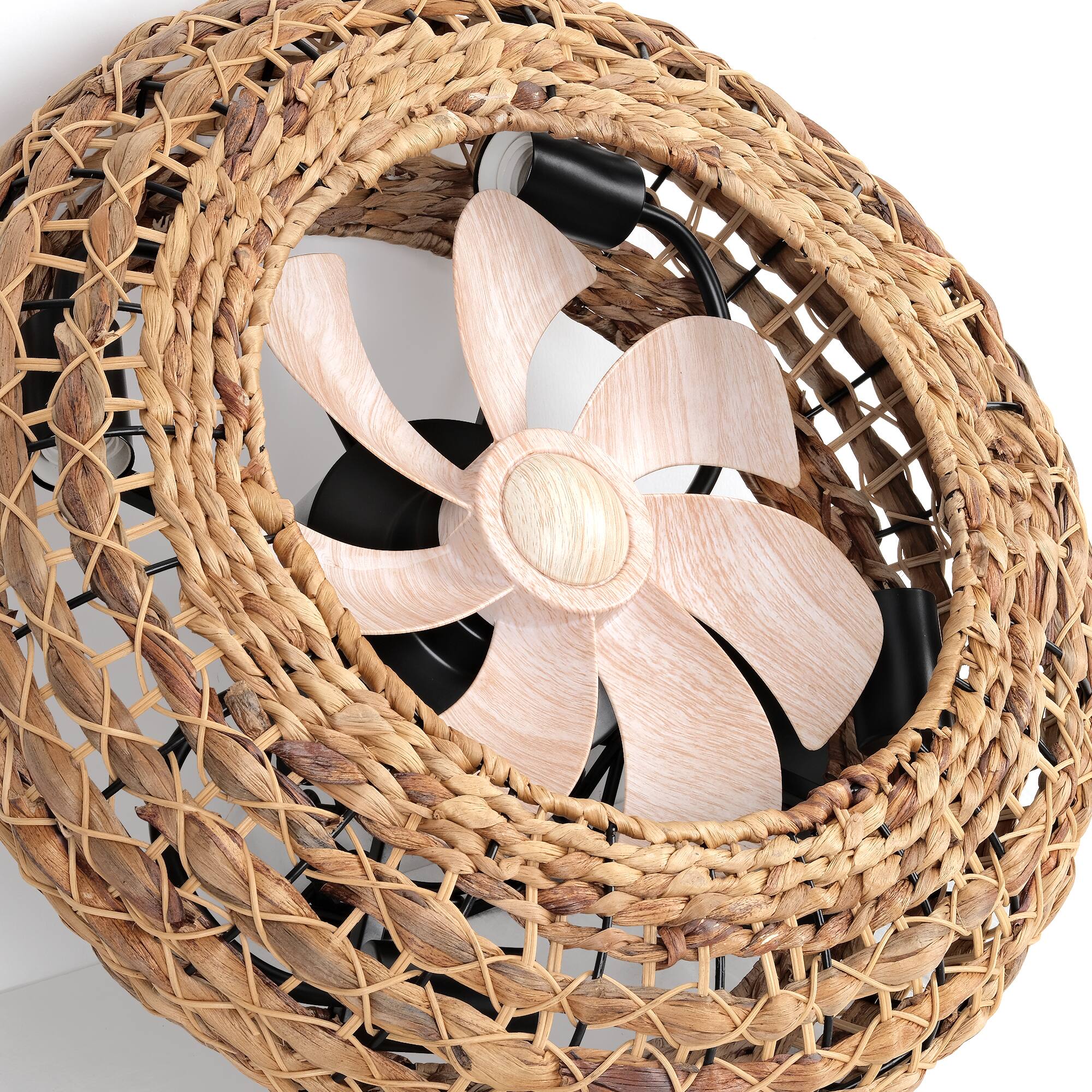 Left. JAZAVA - 20 in. Indoor Rattan 100-240 V Low Profile Farmhouse Rattan Cage Ceiling Fan with Light - Bronw.