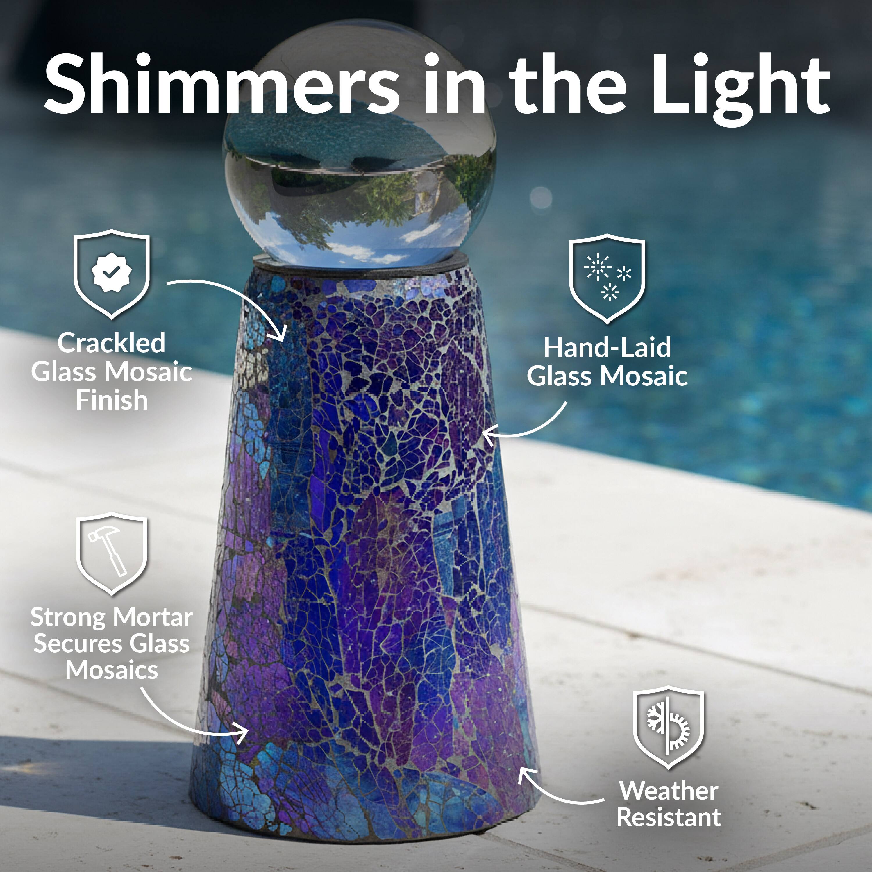 Shimmers in the Light

- Crackled Glass Mosaic Finish
- Hand-Laid Glass Mosaic
- Strong Mortar Secures Glass Mosaics
- Weather Resistant