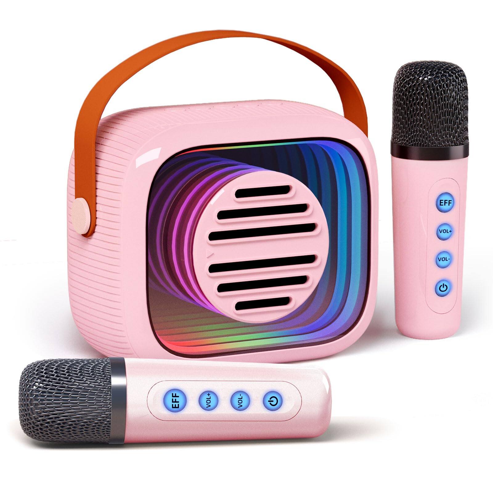 Dazzling Pops - Yf93 Mini Karaoke Machine For With 7 Voice changing Modes Dual Microphones Colorful Led Lights Tf Card - Pink with 2Mics
