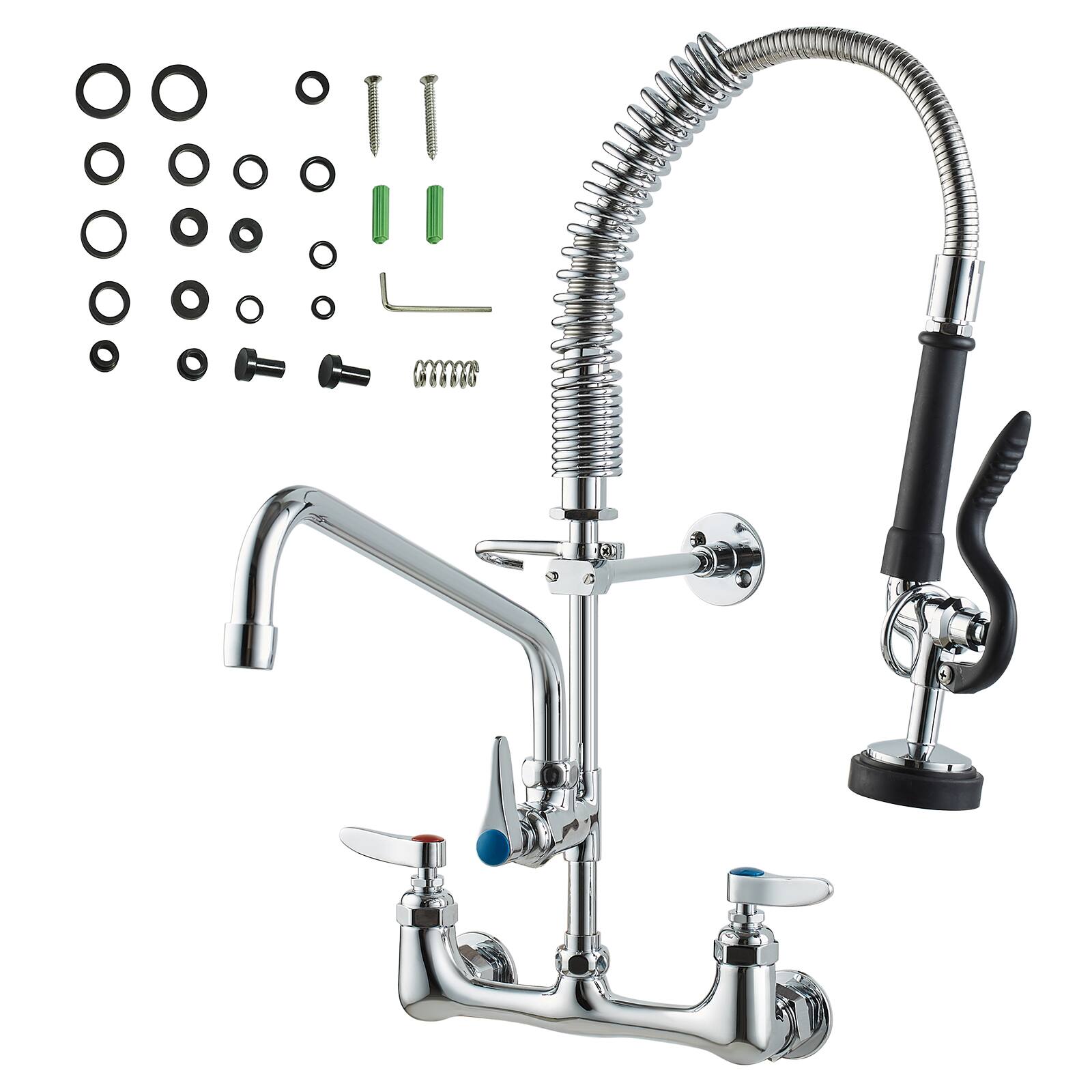 Alt View 5. VEVOR - Wall-Mounted Brass Kitchen Faucet, 21" Tall, 8" Installation Width, Includes 12" Rotating Spout and Pull-Down Sprayer - Silver.