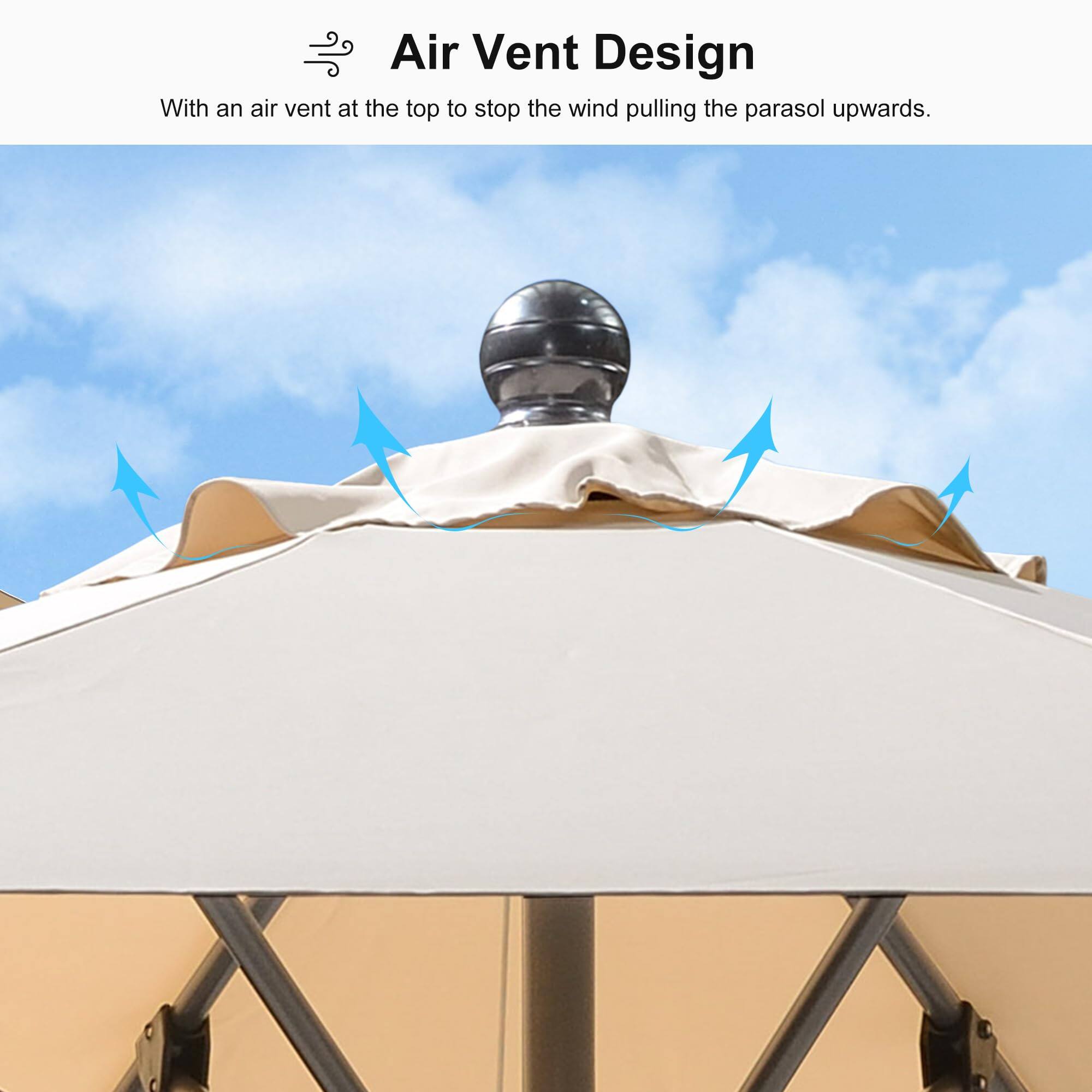 Air Vent Design

With an air vent at the top to stop the wind pulling the parasol upwards.