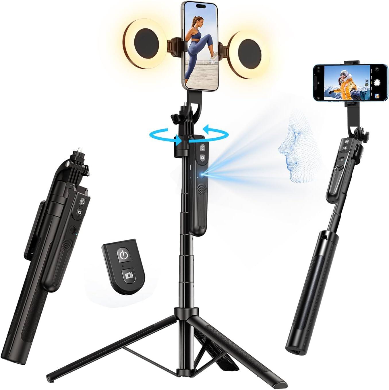 Schertz - 70.9" Auto Face Tracking Tripod with Light – 360° Rotation, No App Needed, Remote Control Selfie Stick for iPhone & Vlog