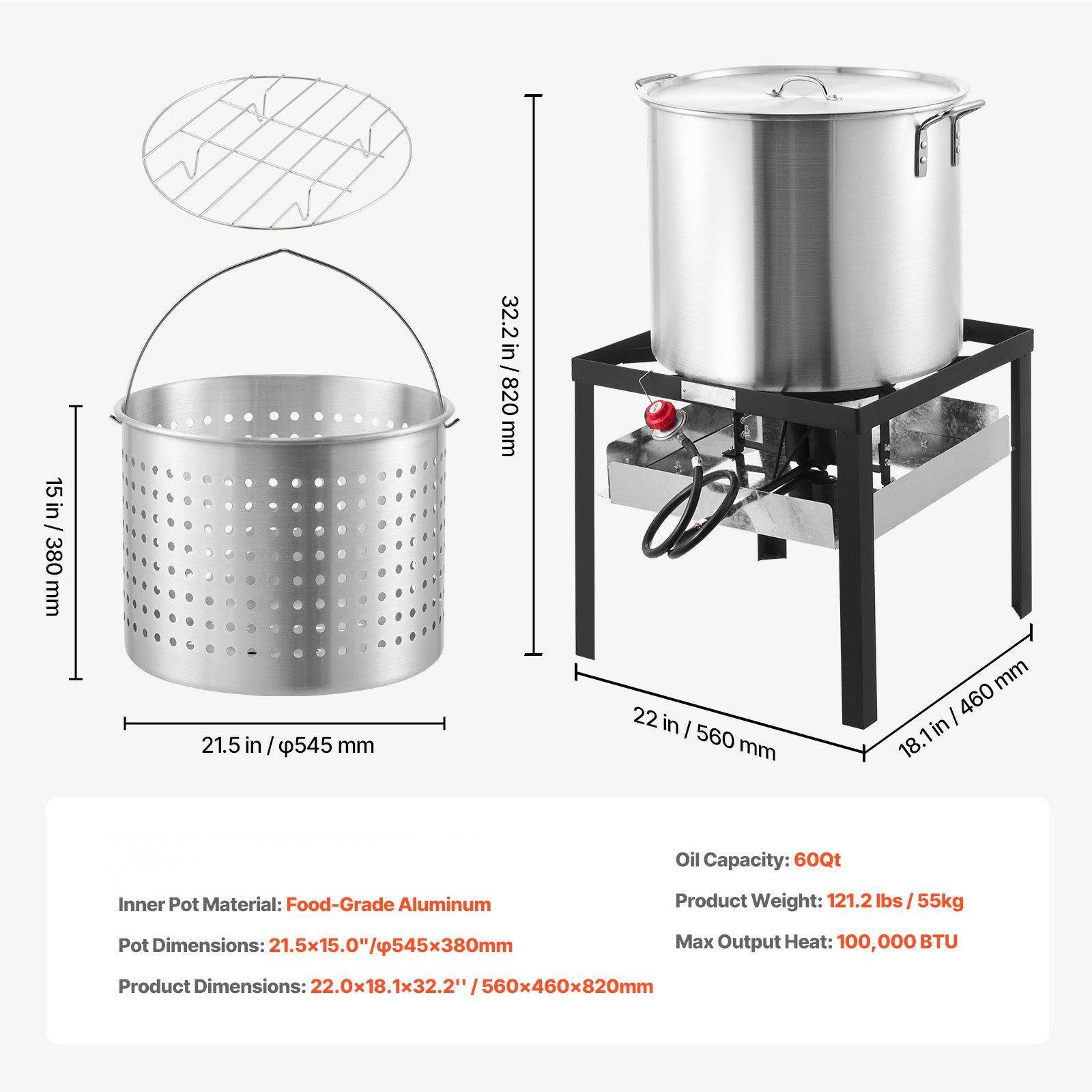 - **Inner Pot Material:** Food-Grade Aluminum
- **Pot Dimensions:** 21.5" x 15.0" / 545mm x 380mm
- **Product Dimensions:** 22.0" x 18.1" x 32.2" / 560mm x 460mm x 820mm
- **Oil Capacity:** 60Qt
- **Product Weight:** 121.2 lbs / 55kg
- **Max Output Heat:** 100,000 BTU
