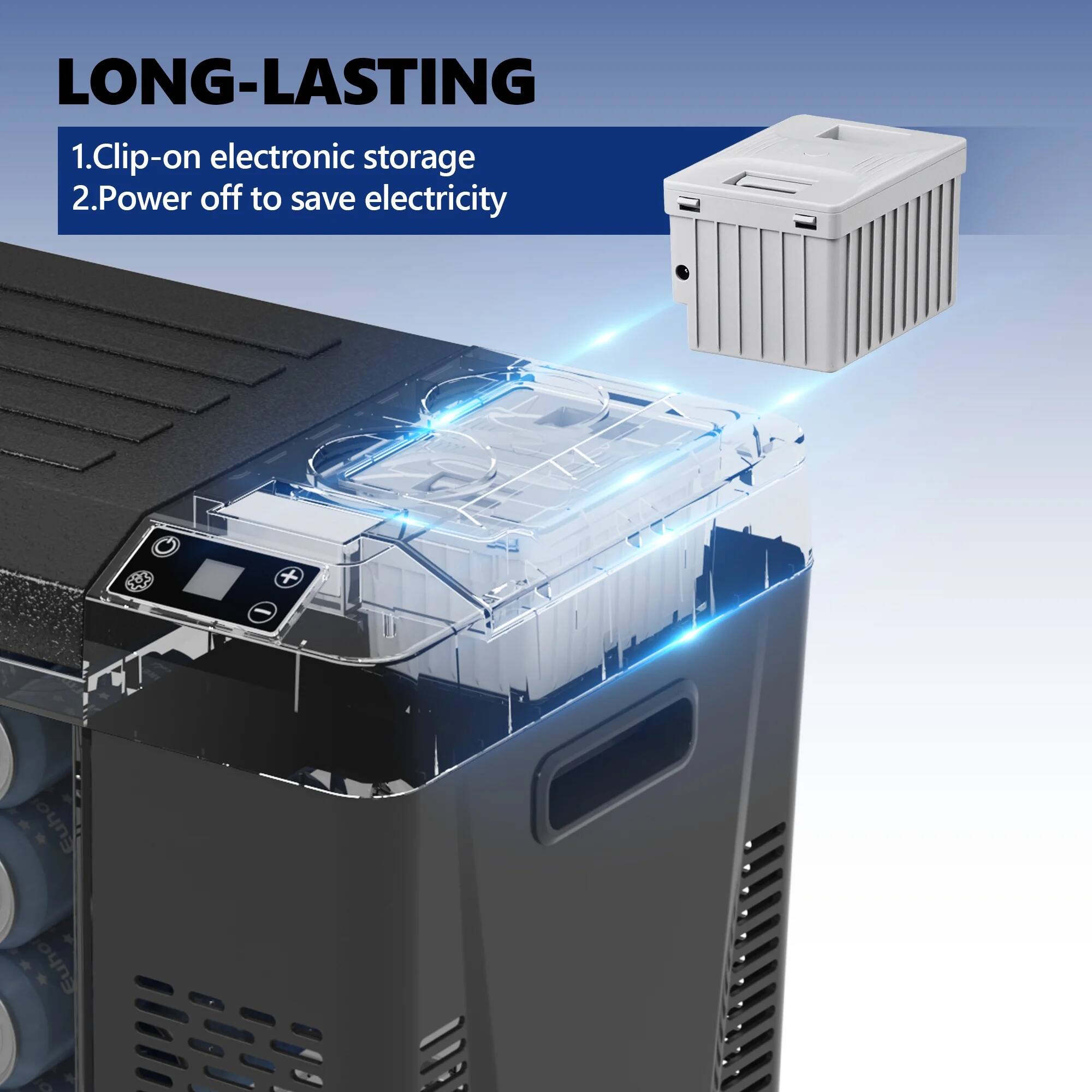 LONG-LASTING
1.Clip-on electronic storage
2.Power off to save electricity