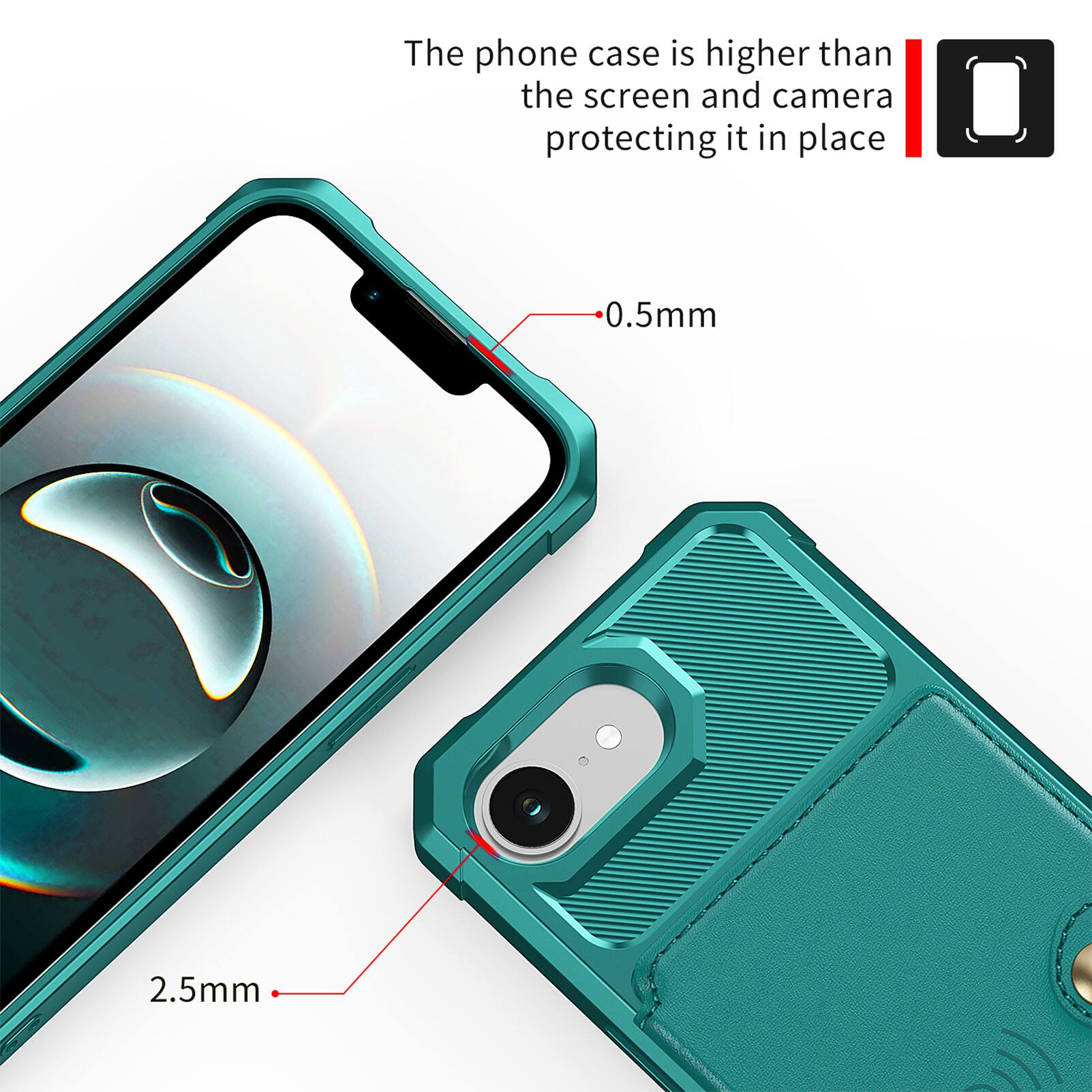 The phone case is higher than the screen and camera protecting it in place

0.5mm

2.5mm